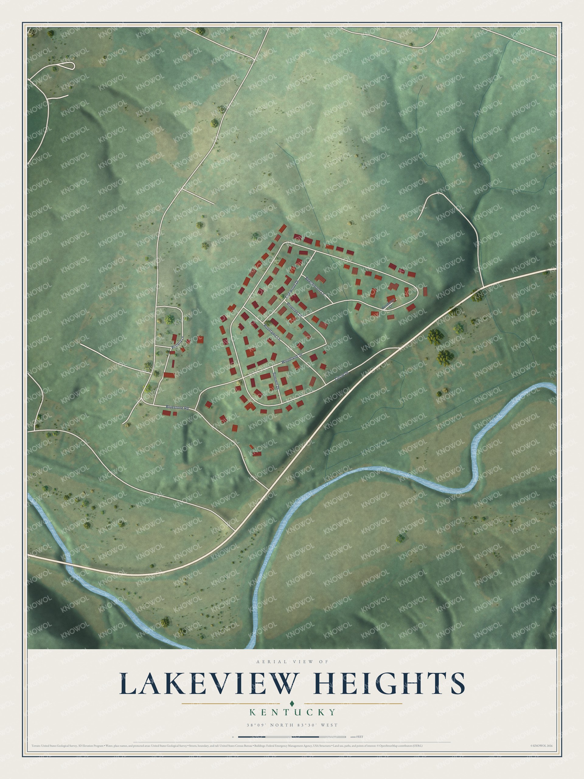 Full map of Lakeview Heights, Kentucky, with red buildings, printed street names and the land around them