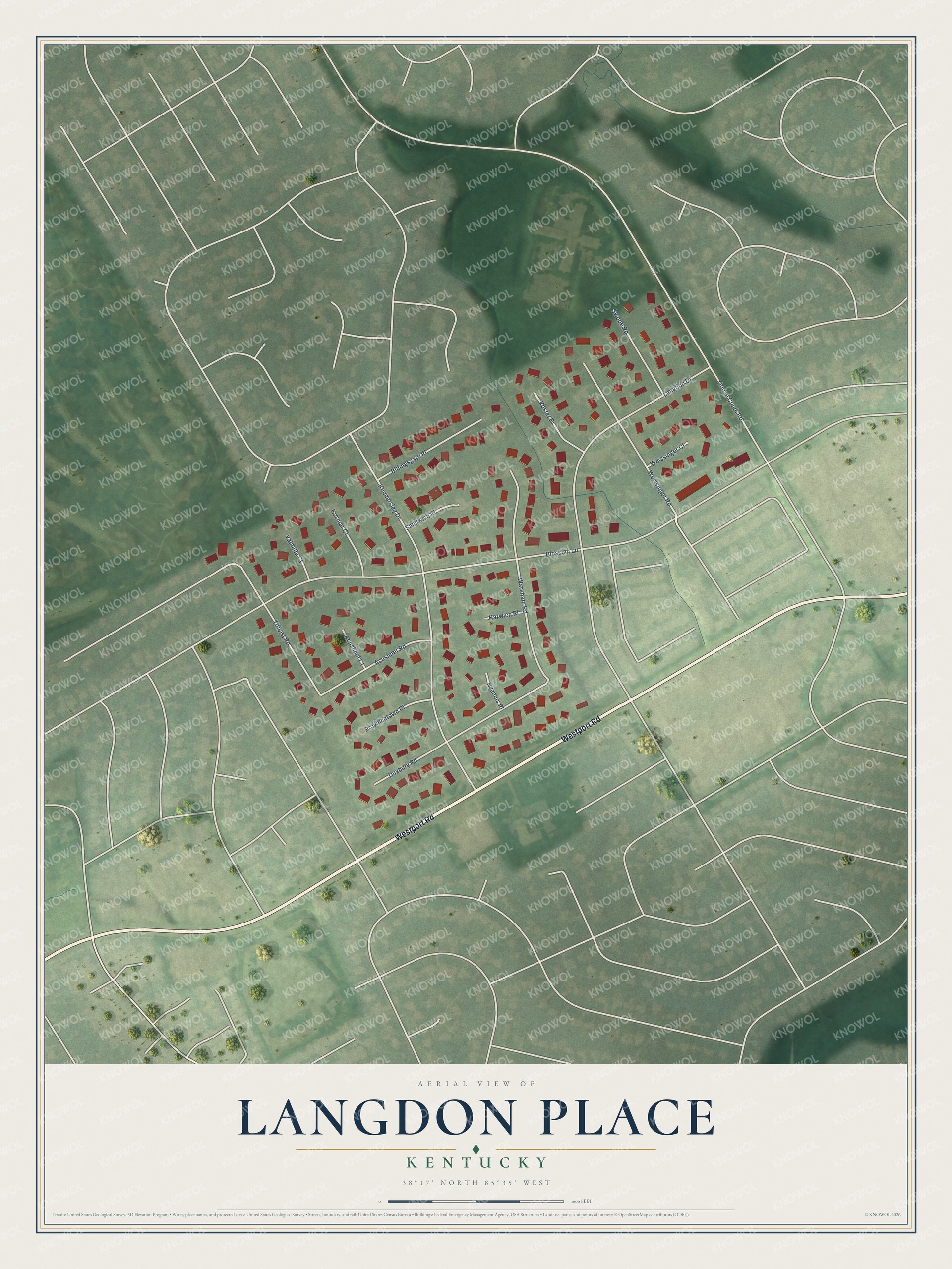 Full map of Langdon Place, Kentucky, with red buildings, printed street names and the land around them