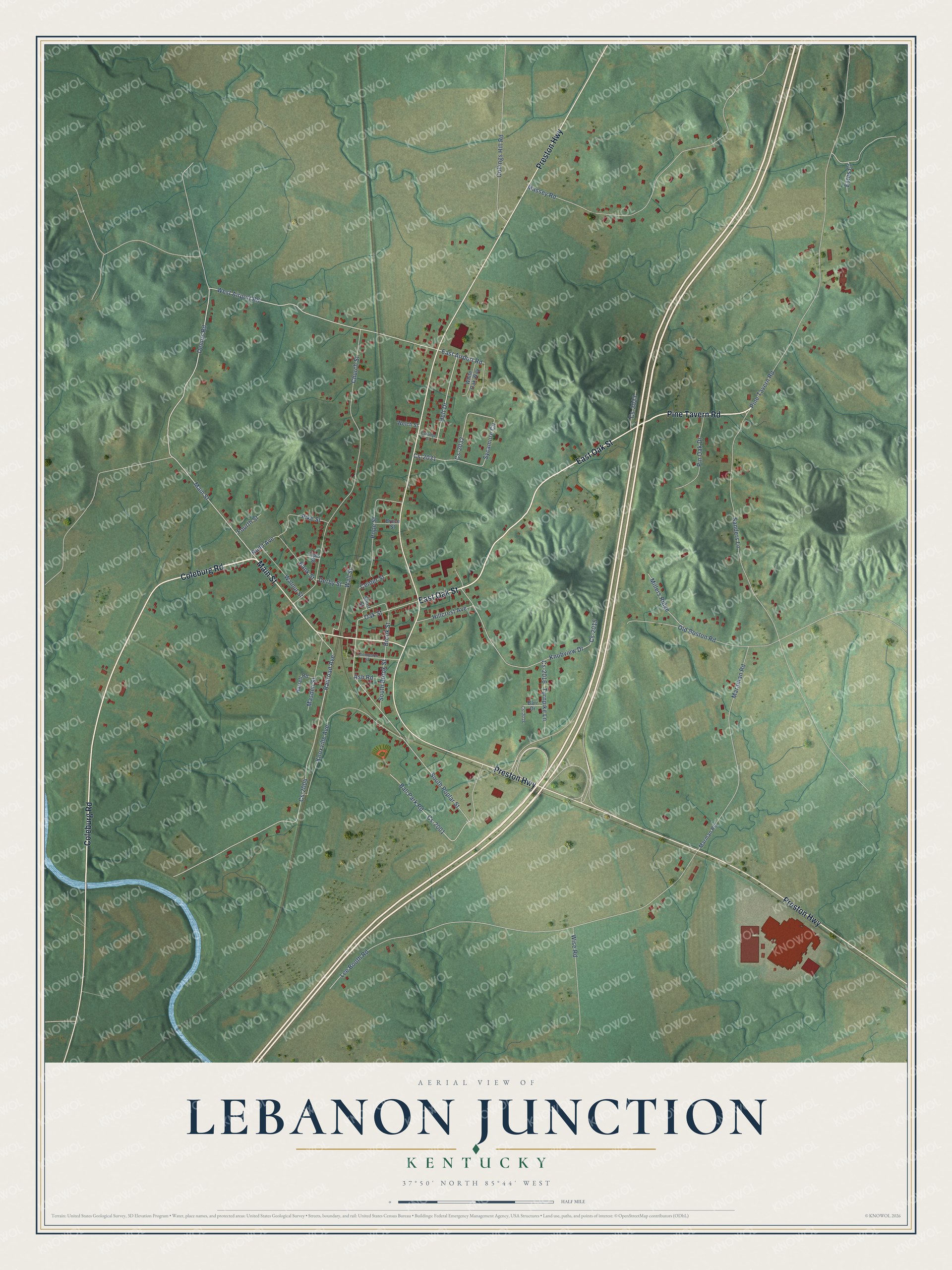 Full map of Lebanon Junction, Kentucky, with red buildings, printed street names and the land around them