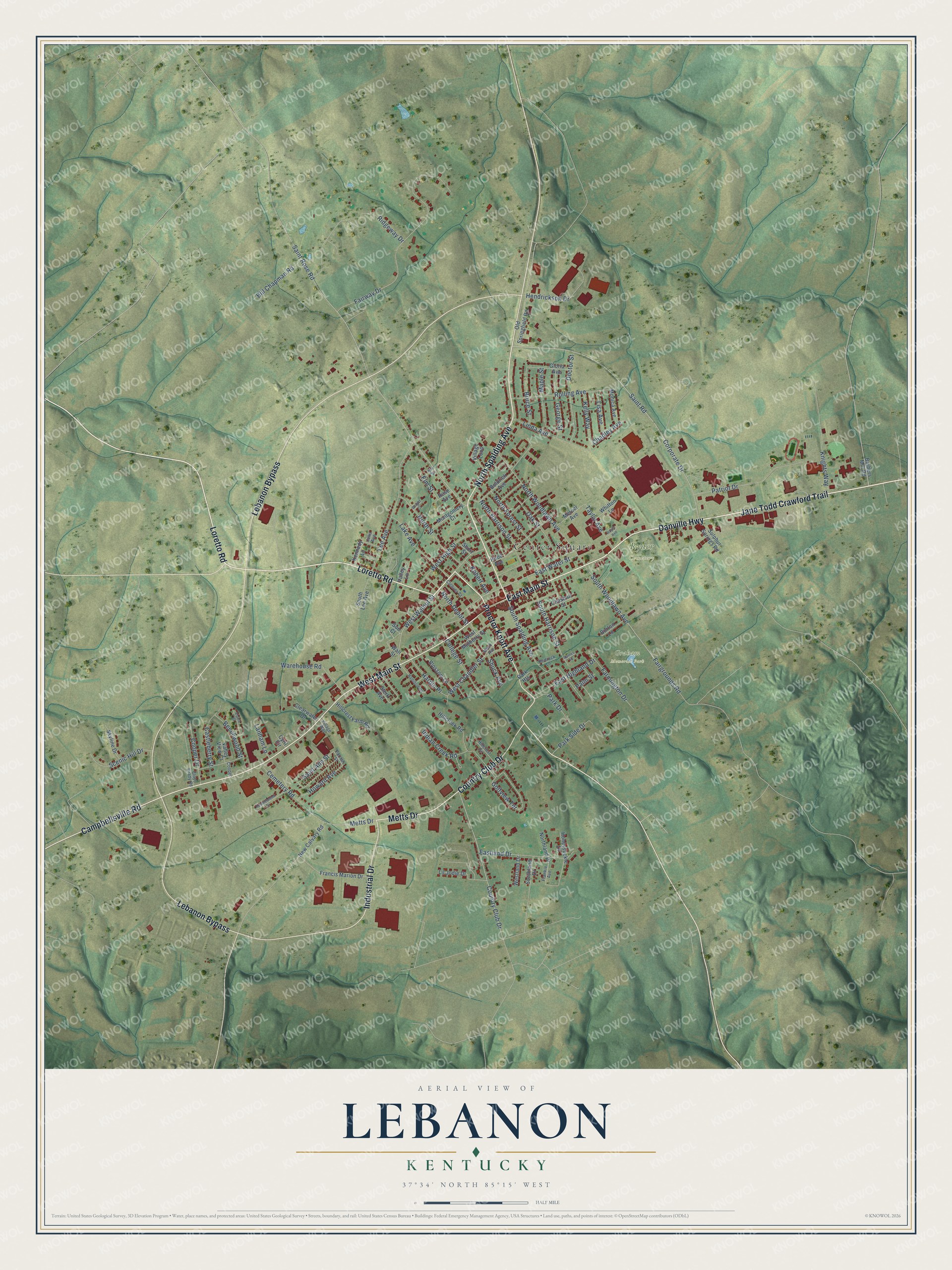 Full map of Lebanon, Kentucky, with red buildings, printed street names and the land around them