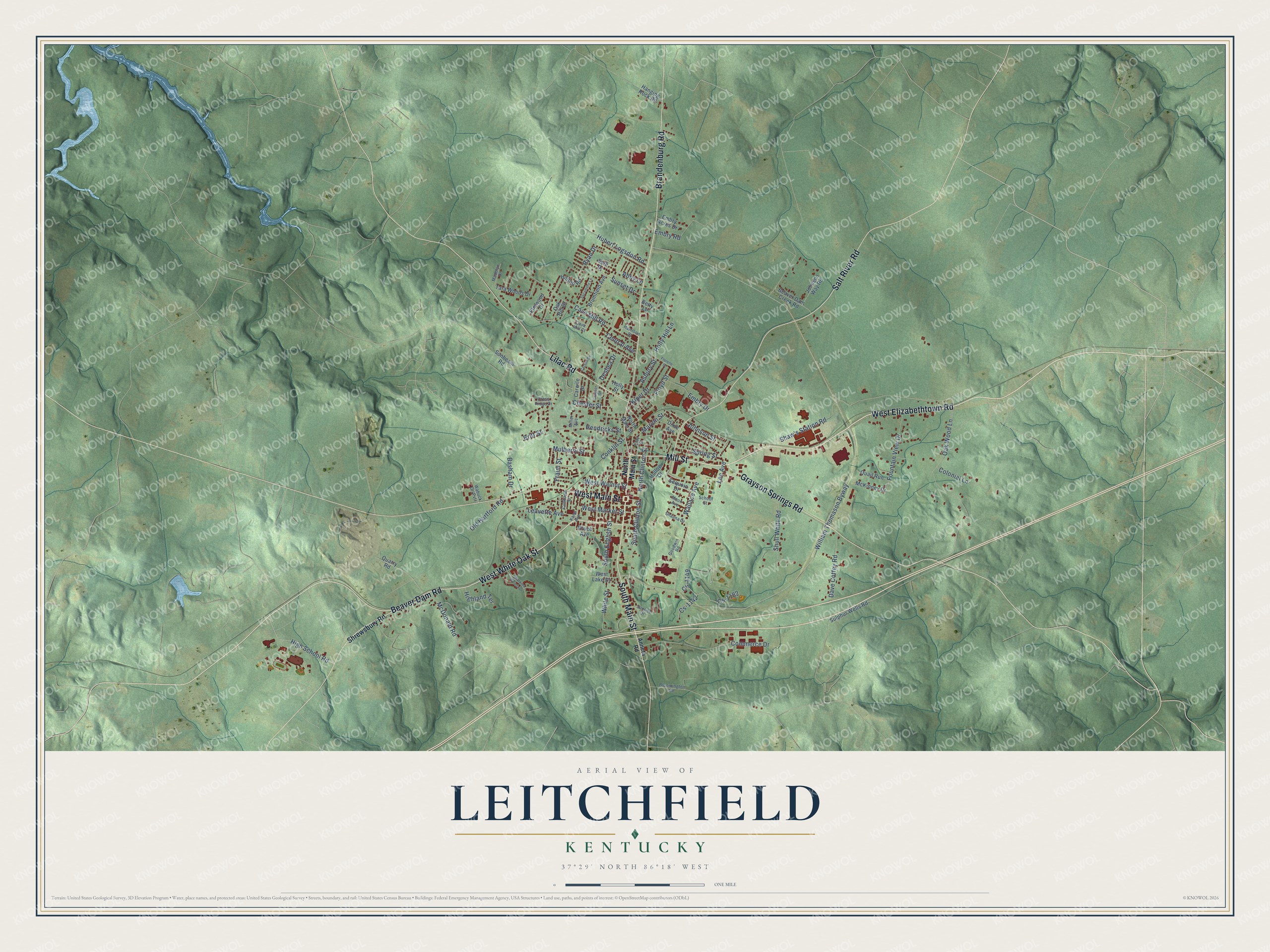 Full map of Leitchfield, Kentucky, with red buildings, printed street names and the land around them