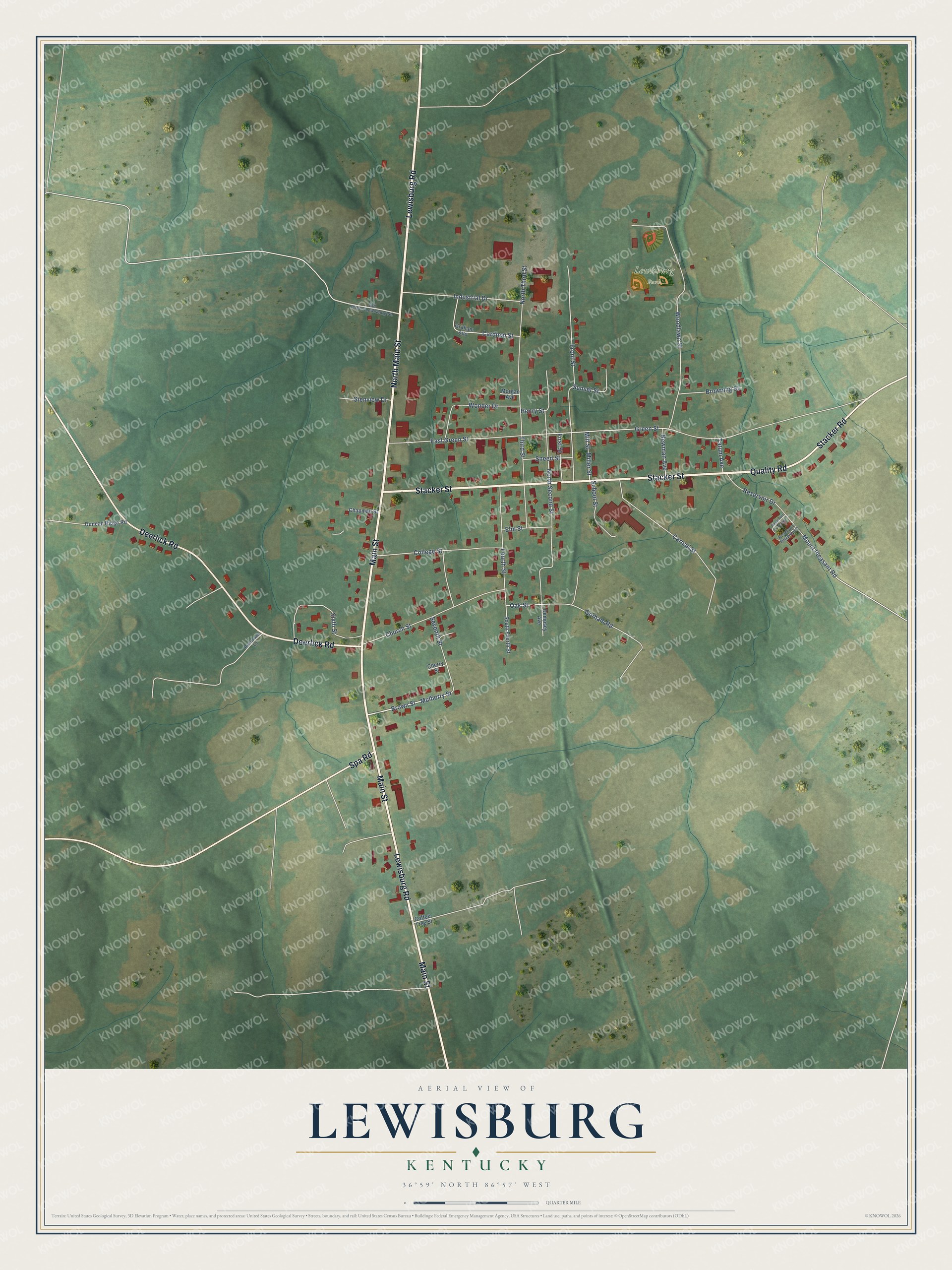 Full map of Lewisburg, Kentucky, with red buildings, printed street names and the land around them