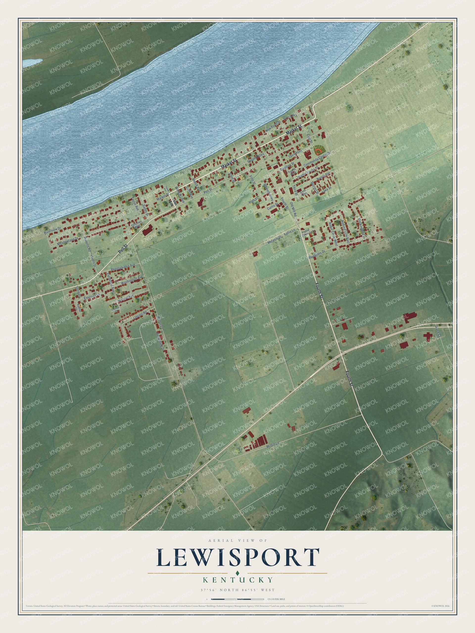 Full map of Lewisport, Kentucky, with red buildings, printed street names and the land around them