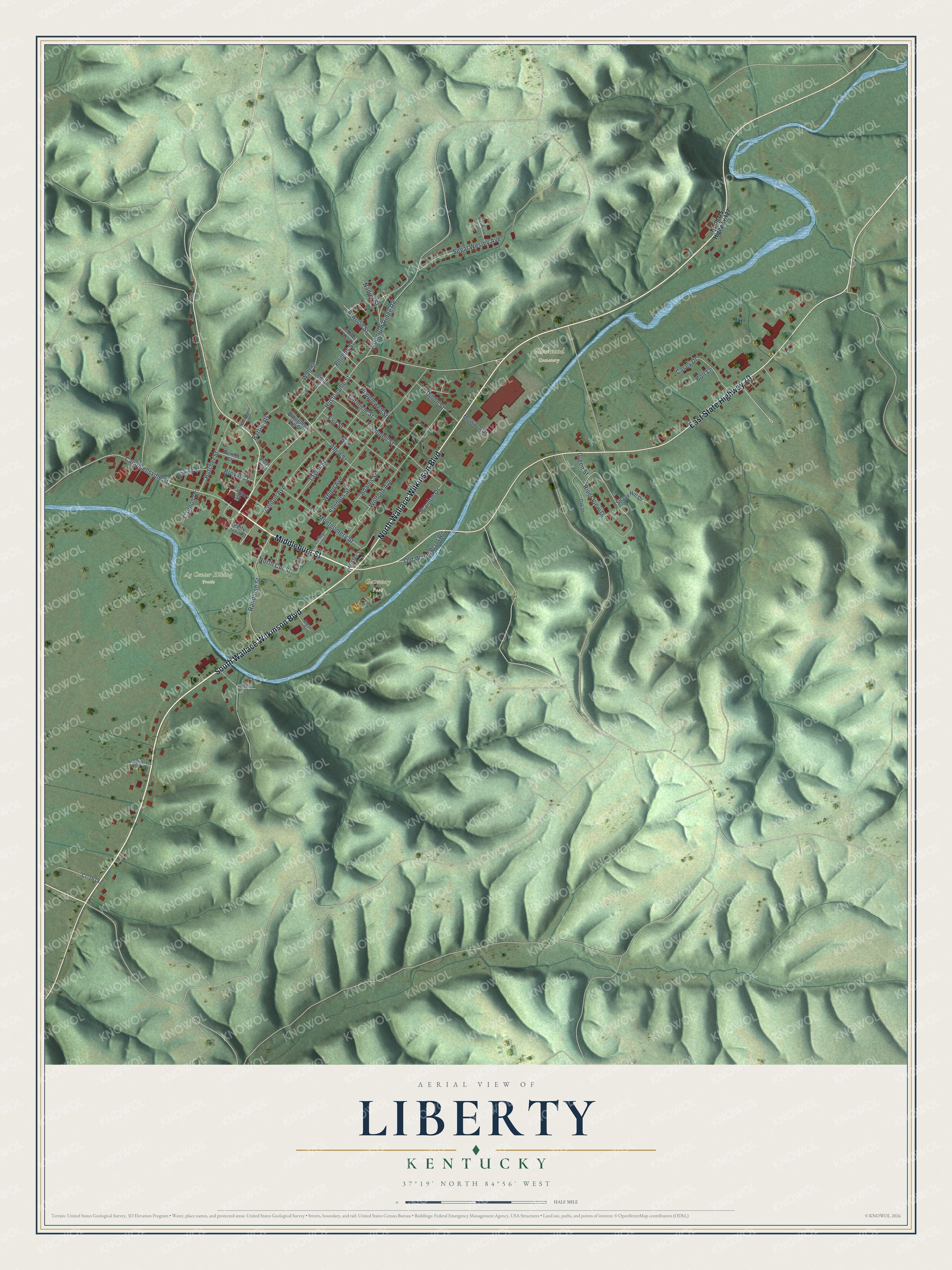 Full map of Liberty, Kentucky, with red buildings, printed street names and the land around them