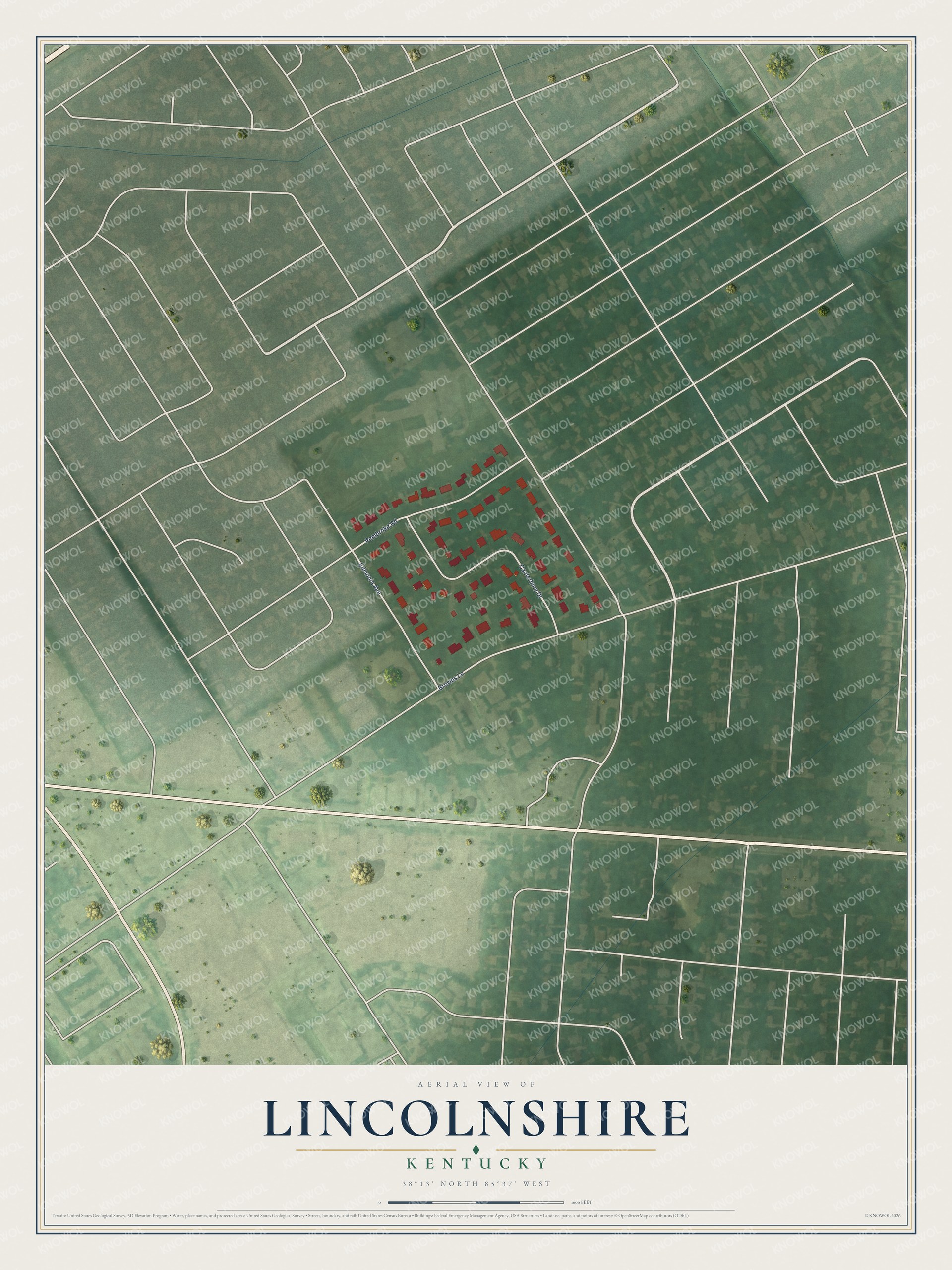 Full map of Lincolnshire, Kentucky, with red buildings, printed street names and the land around them