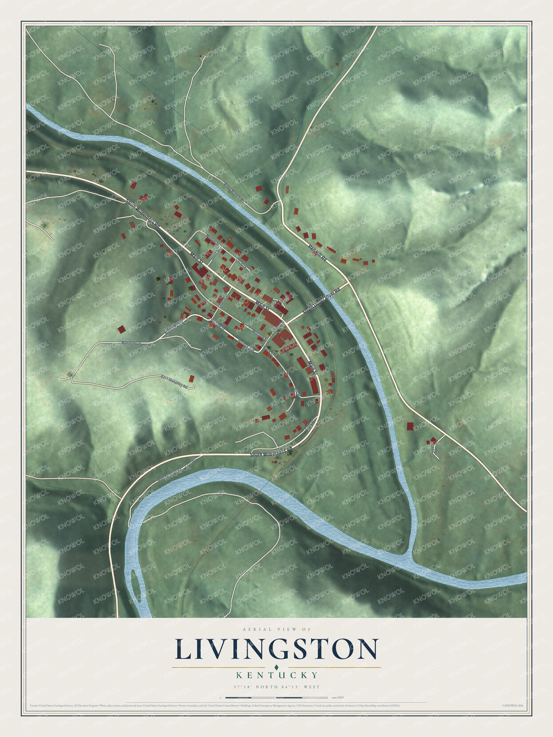 Full map of Livingston, Kentucky, with red buildings, printed street names and the land around them