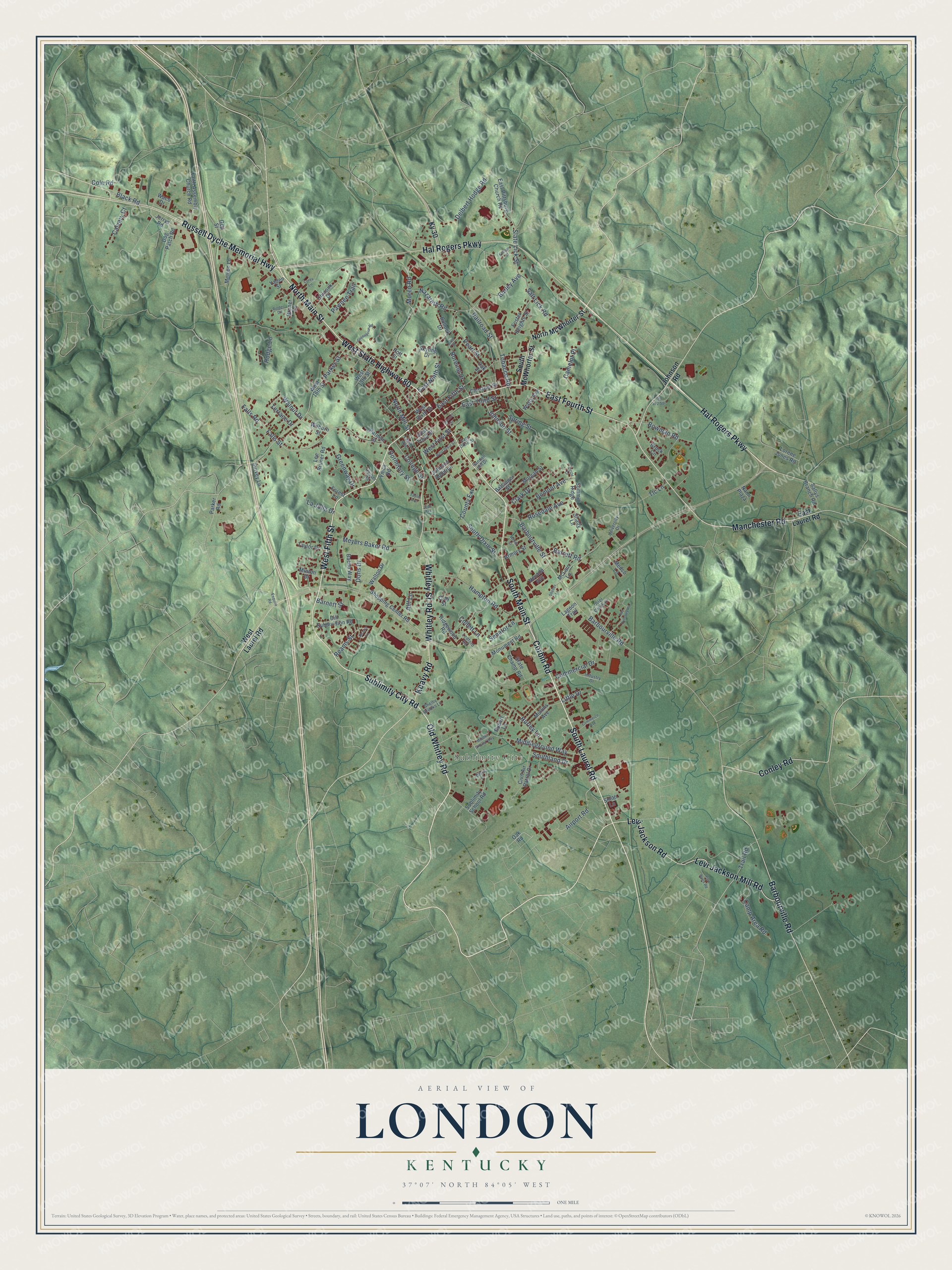 Full map of London, Kentucky, with red buildings, printed street names and the land around them