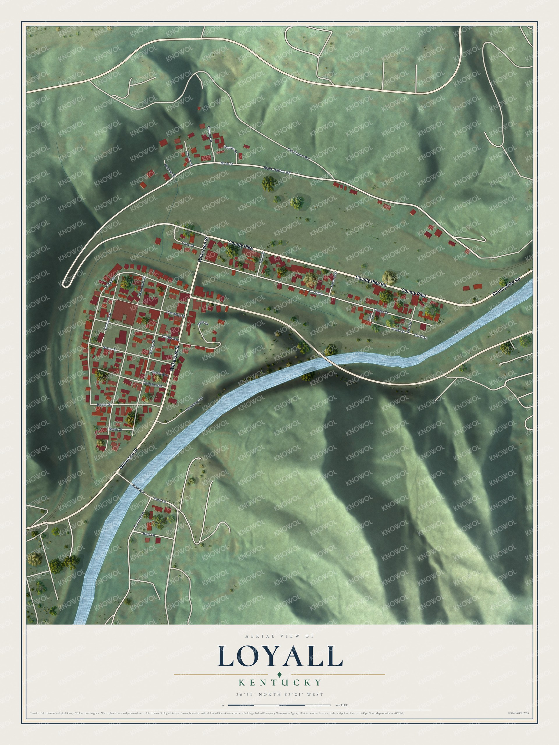Full map of Loyall, Kentucky, with red buildings, printed street names and the land around them