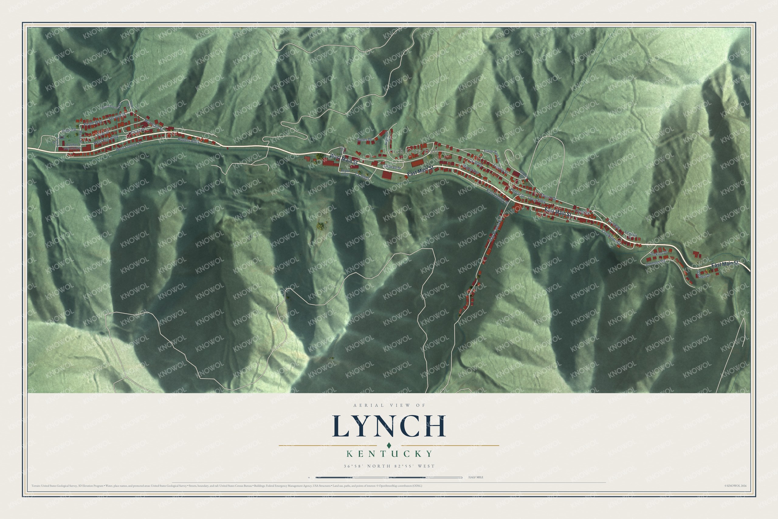 Full map of Lynch, Kentucky, with red buildings, printed street names and the land around them