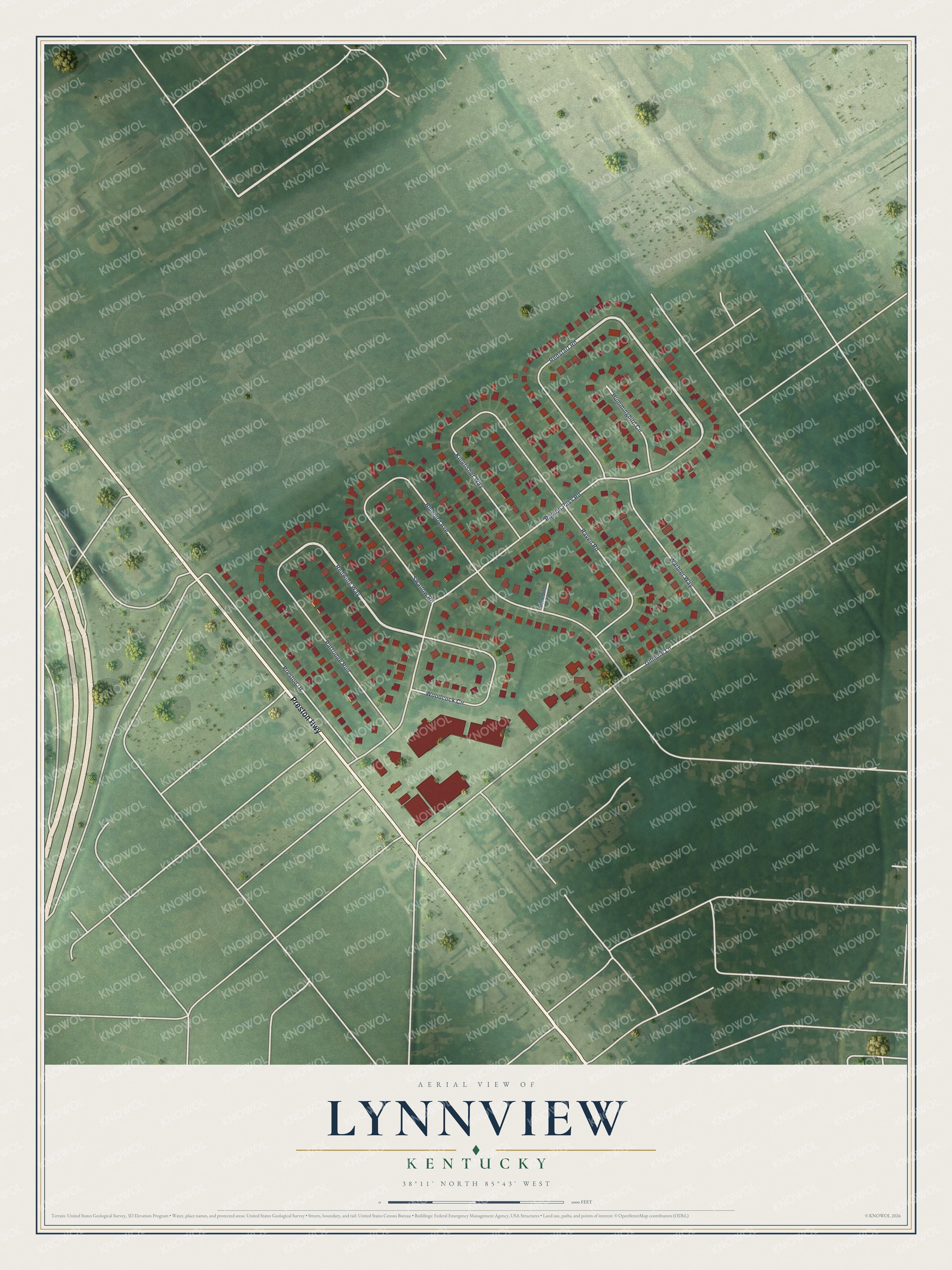 Full map of Lynnview, Kentucky, with red buildings, printed street names and the land around them