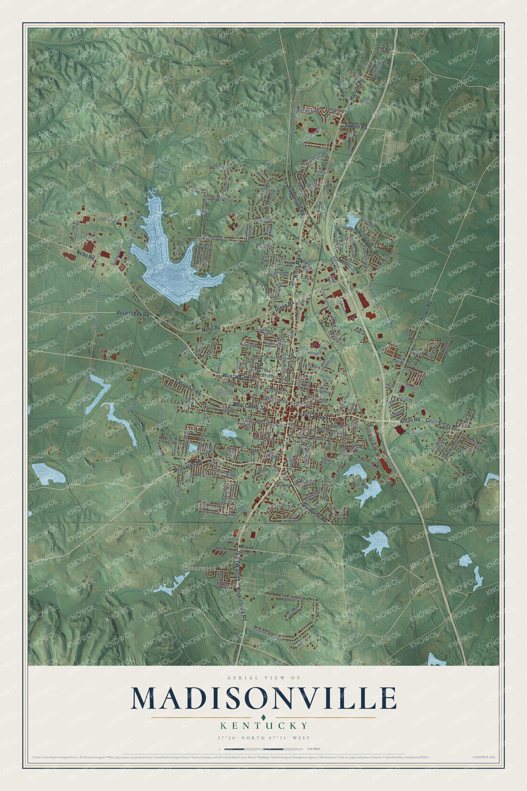 Full map of Madisonville, Kentucky, with red buildings, printed street names and the land around them