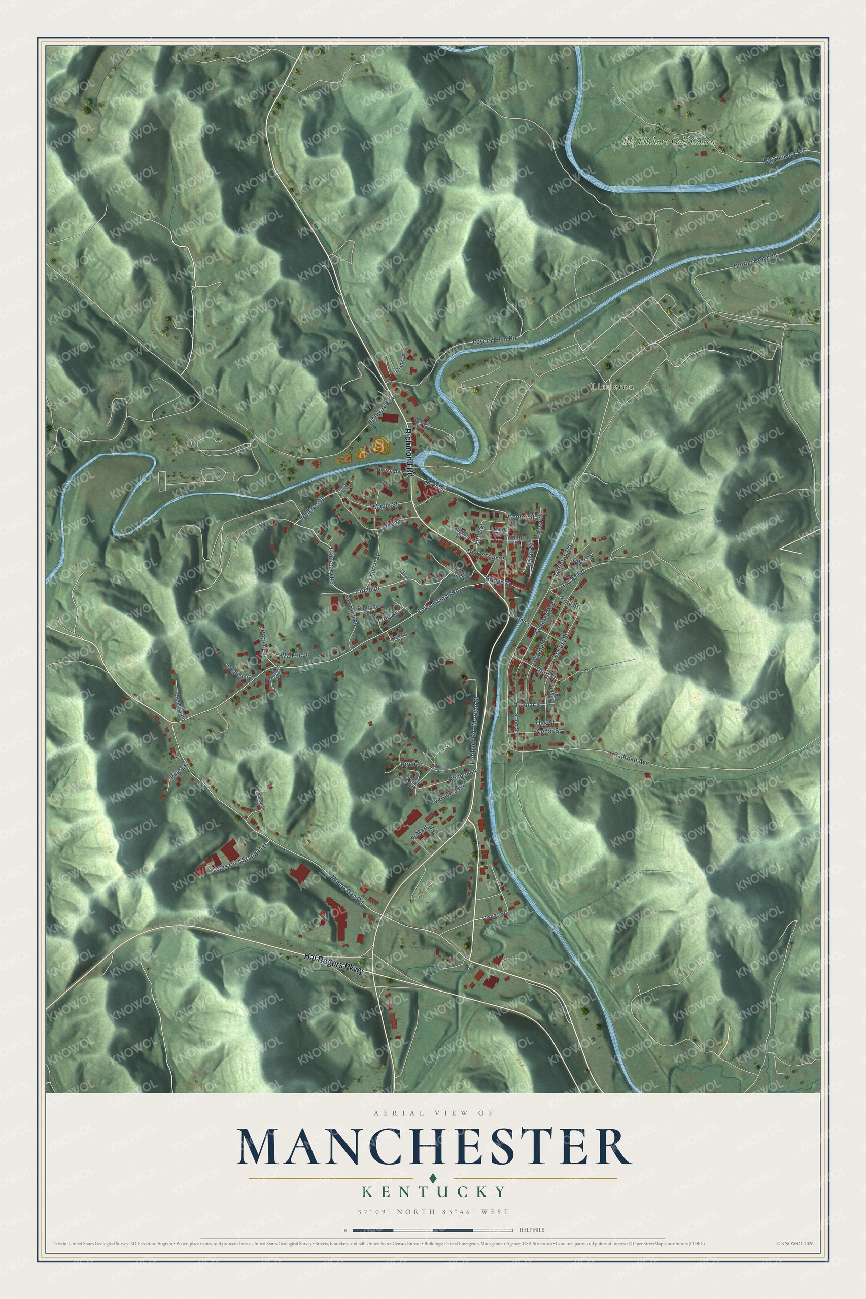 Full map of Manchester, Kentucky, with red buildings, printed street names and the land around them