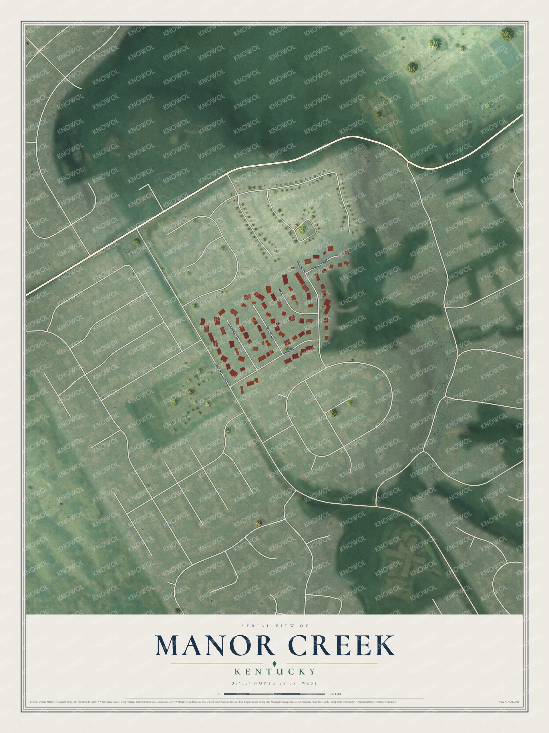 Full map of Manor Creek, Kentucky, with red buildings, printed street names and the land around them