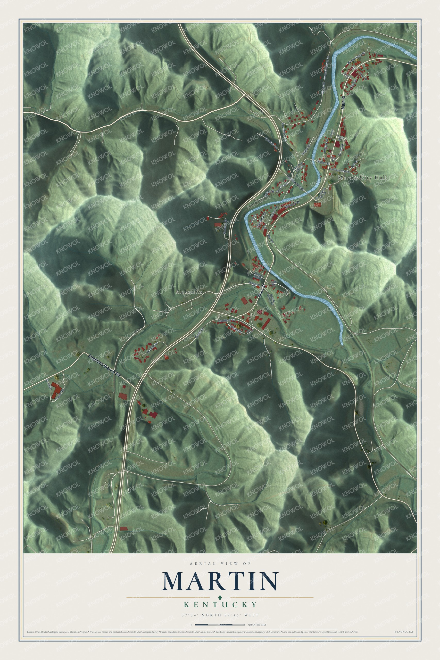 Full map of Martin, Kentucky, with red buildings, printed street names and the land around them