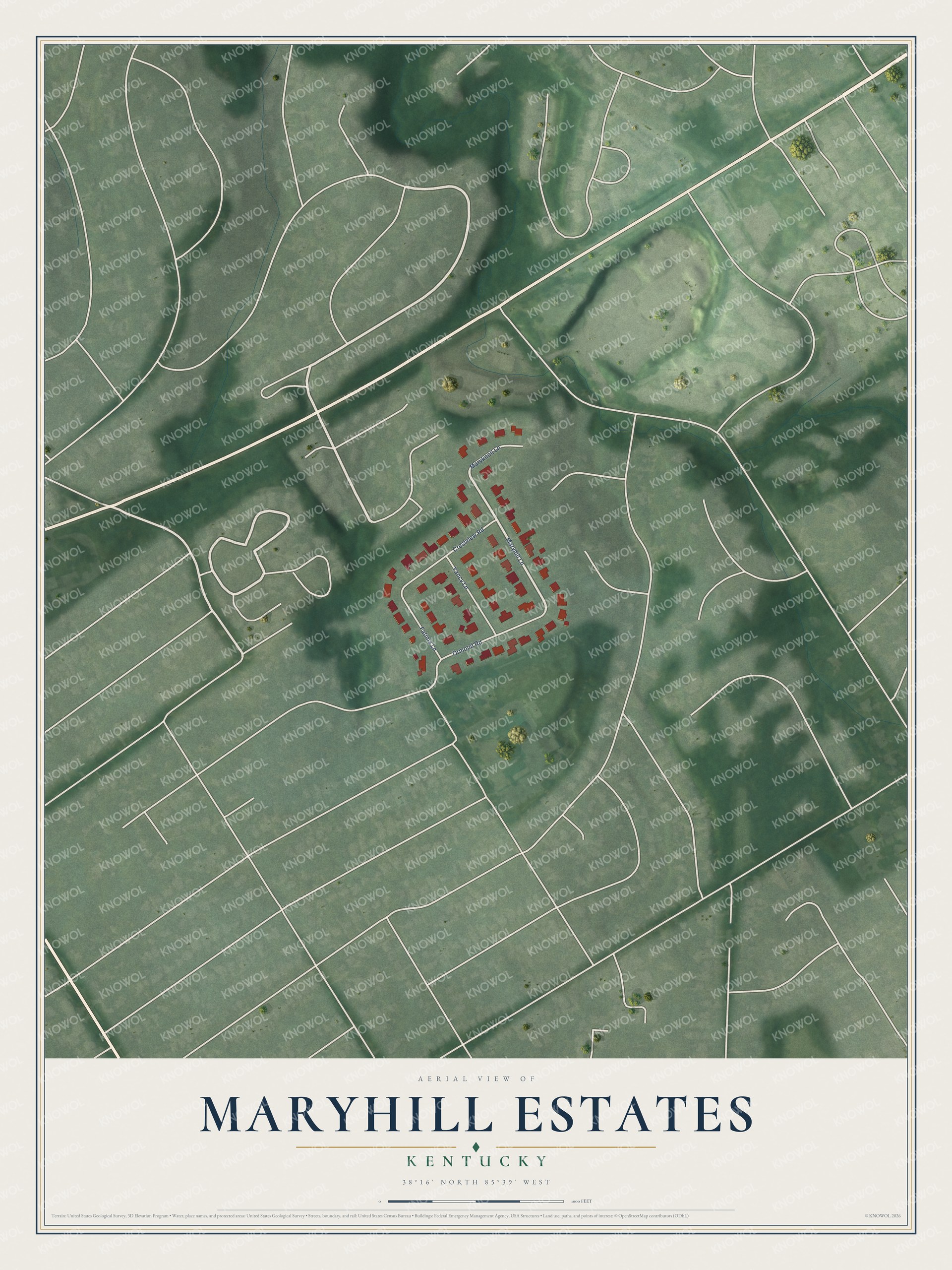 Full map of Maryhill Estates, Kentucky, with red buildings, printed street names and the land around them