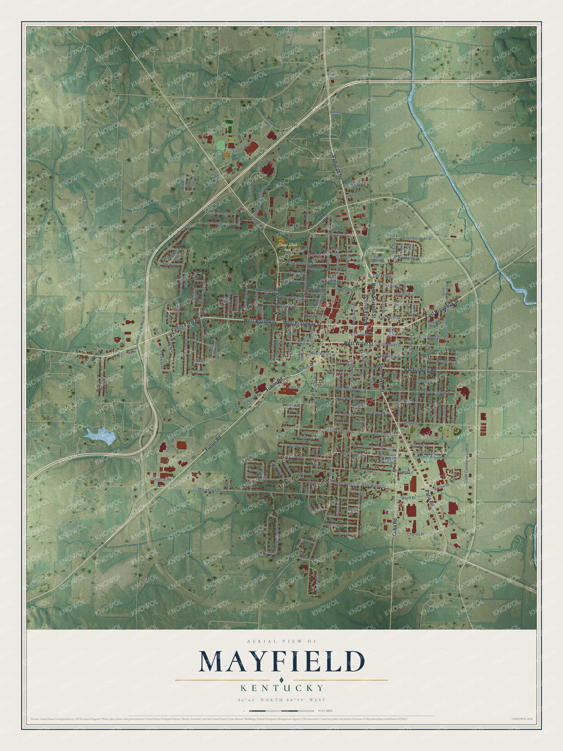 Full map of Mayfield, Kentucky, with red buildings, printed street names and the land around them