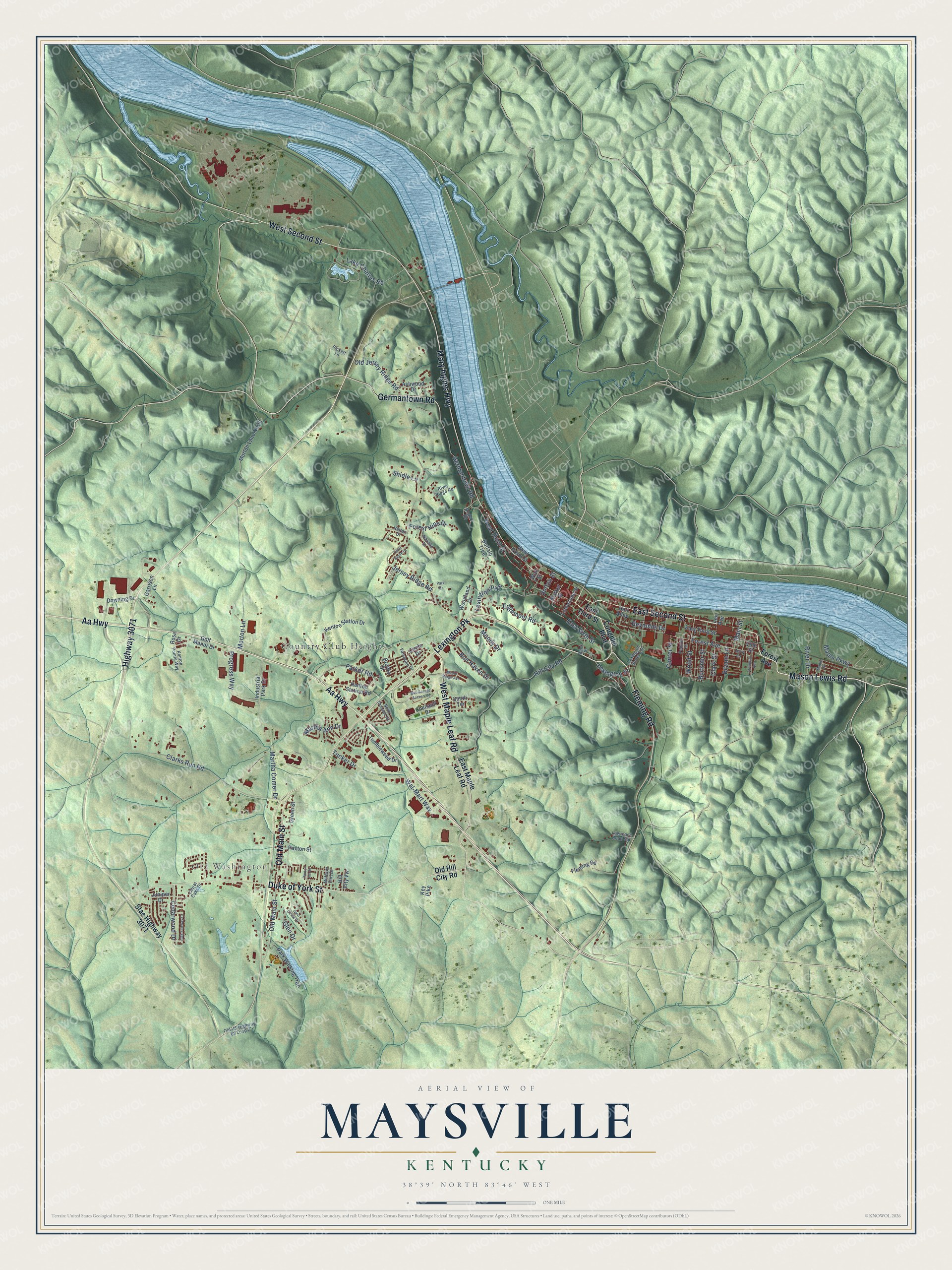 Full map of Maysville, Kentucky, with red buildings, printed street names and the land around them