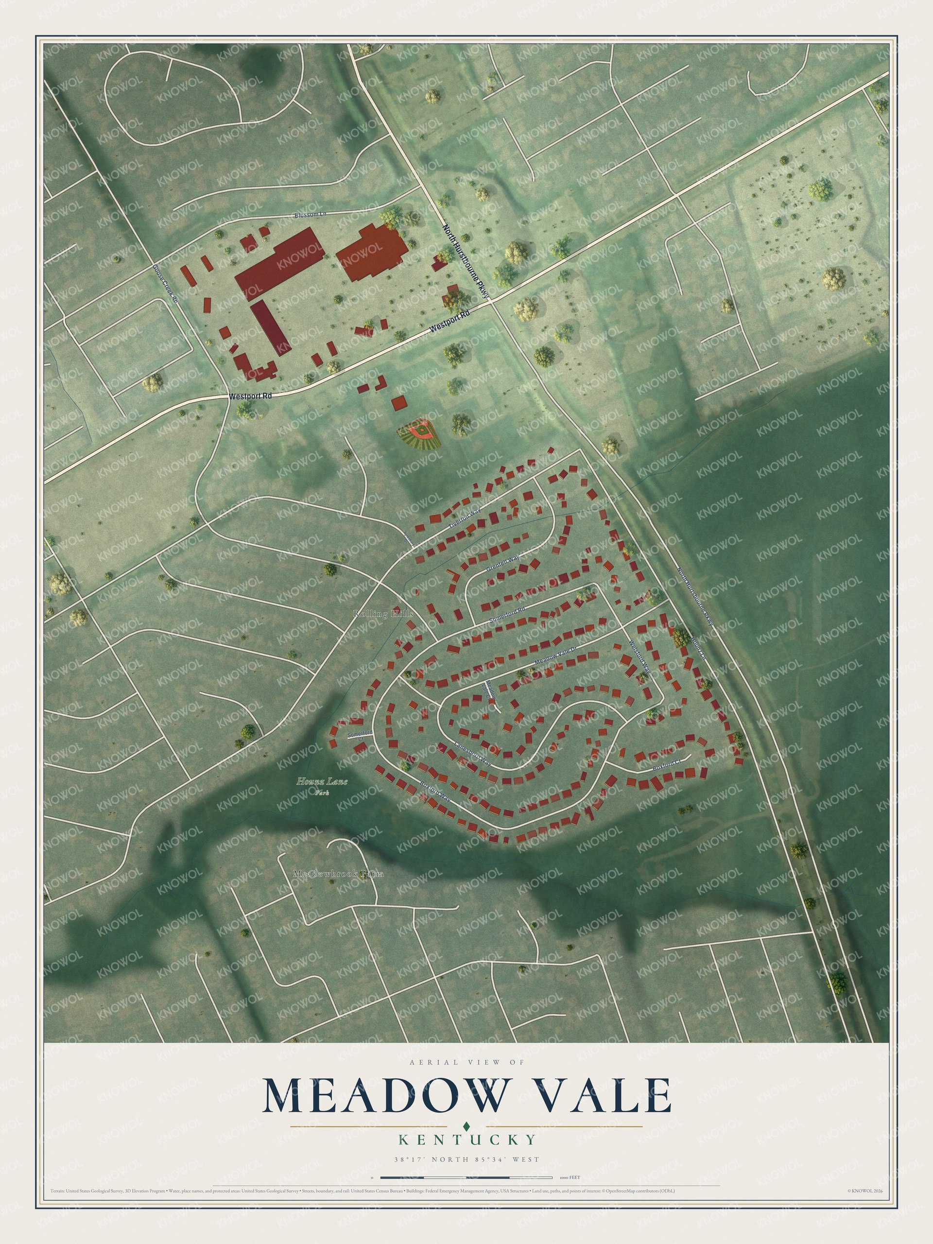 Full map of Meadow Vale, Kentucky, with red buildings, printed street names and the land around them