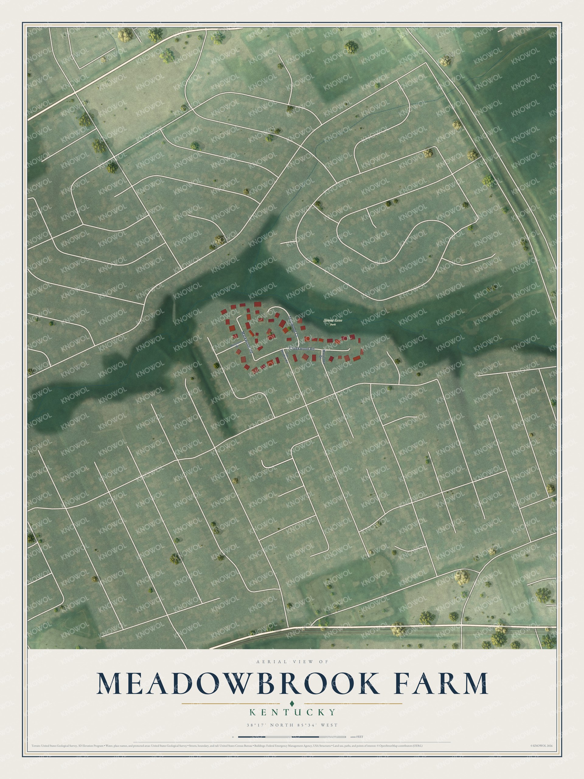 Full map of Meadowbrook Farm, Kentucky, with red buildings, printed street names and the land around them