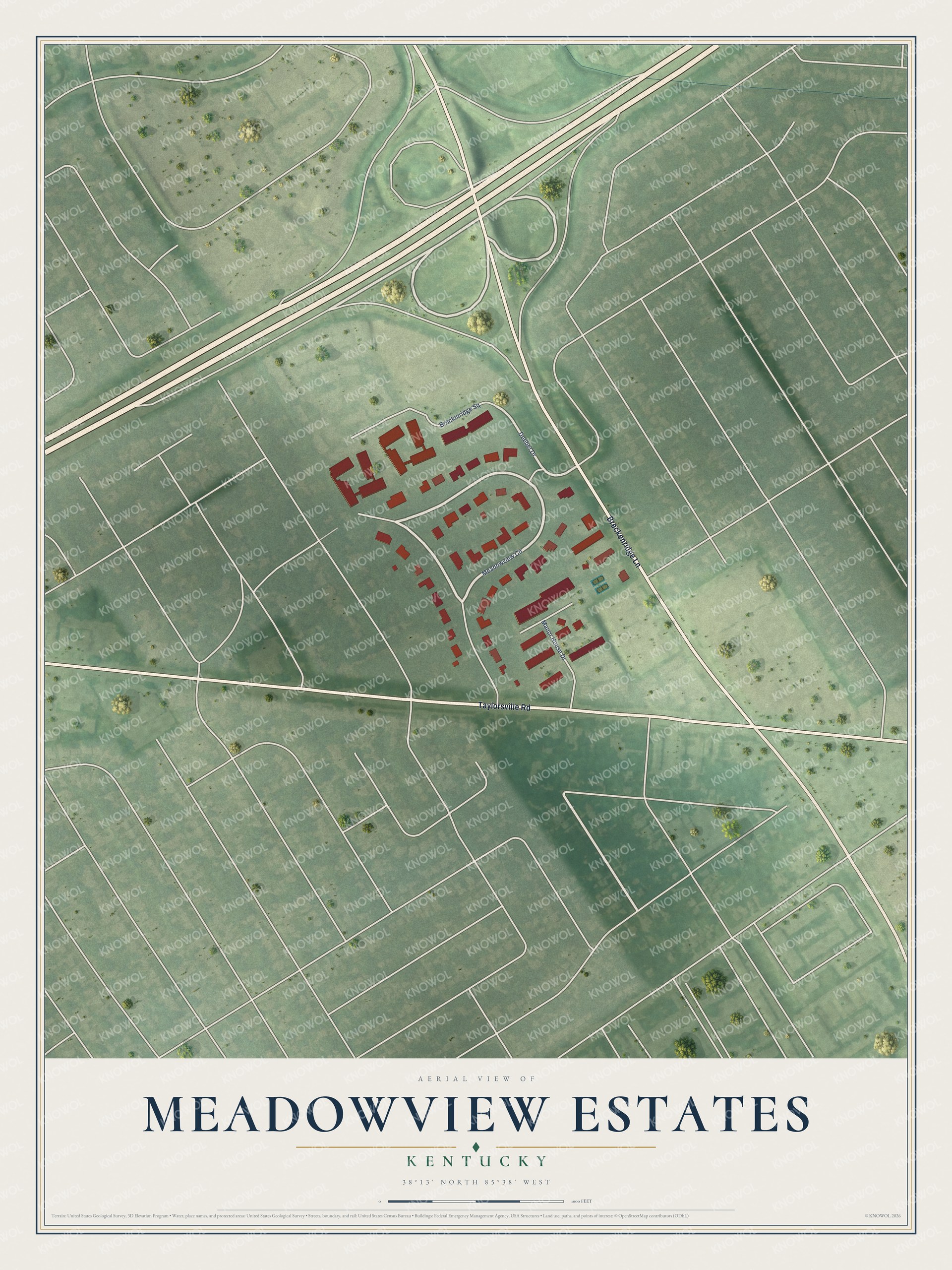 Full map of Meadowview Estates, Kentucky, with red buildings, printed street names and the land around them