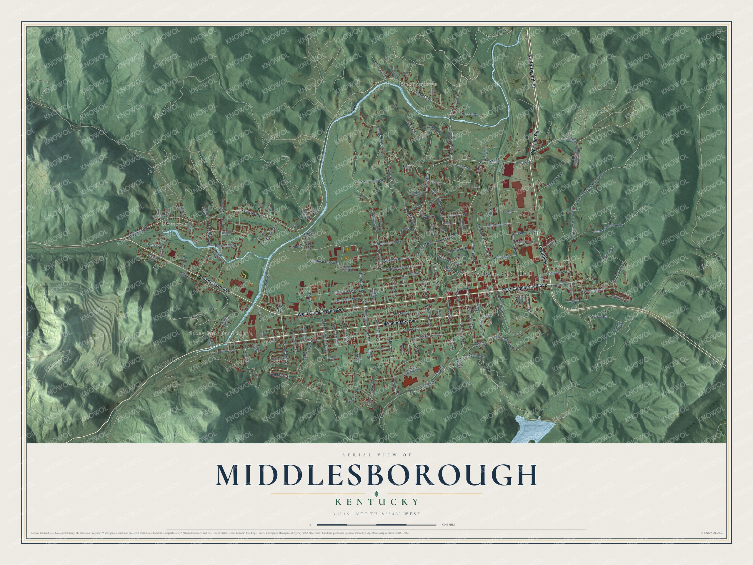 Full map of Middlesborough, Kentucky, with red buildings, printed street names and the land around them