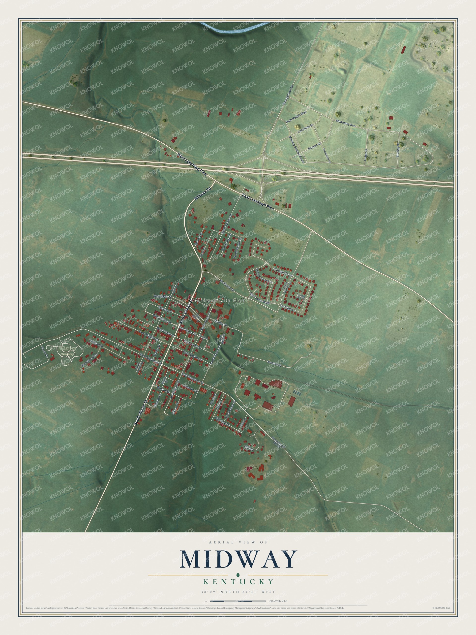 Full map of Midway, Kentucky, with red buildings, printed street names and the land around them
