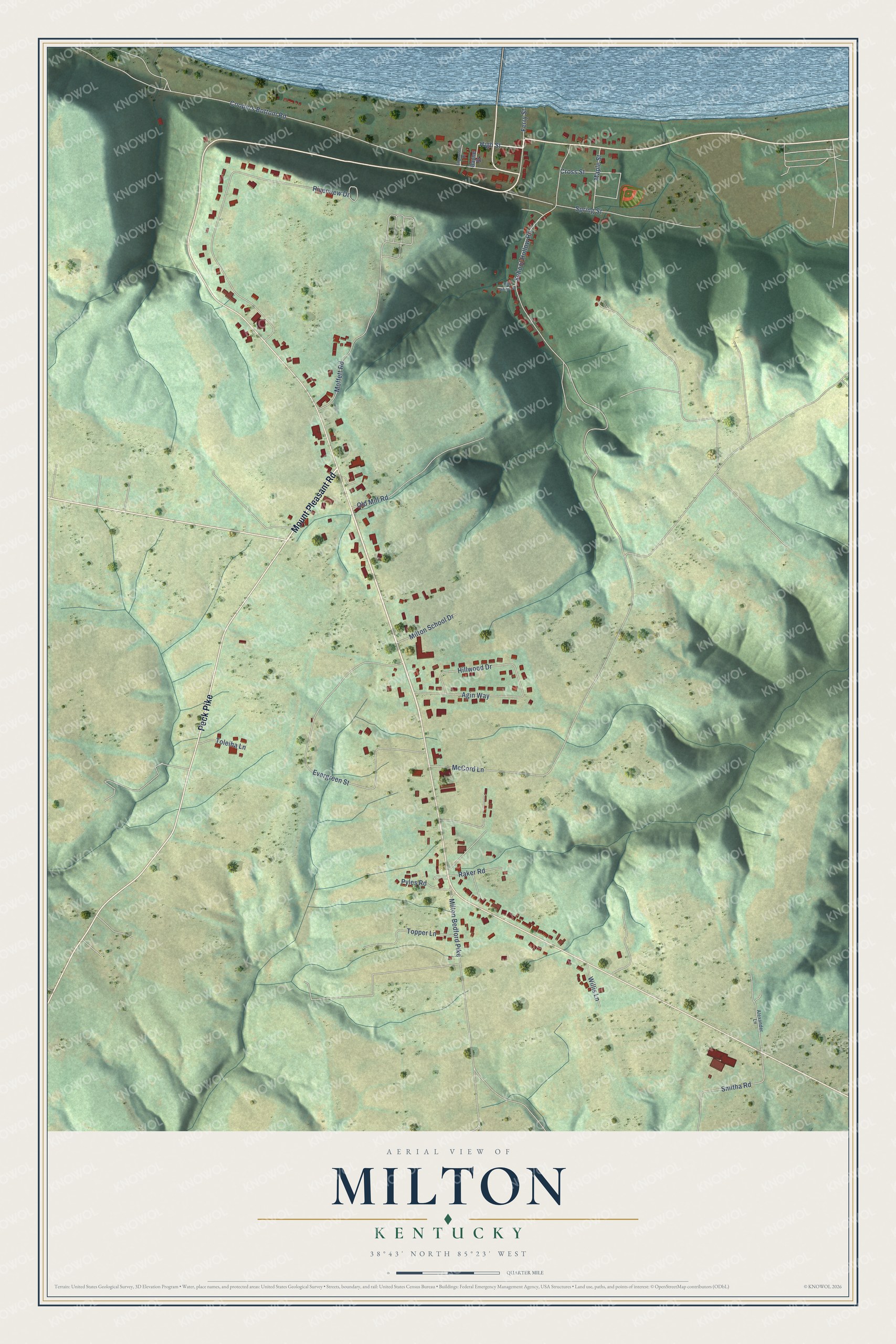 Full map of Milton, Kentucky, with red buildings, printed street names and the land around them