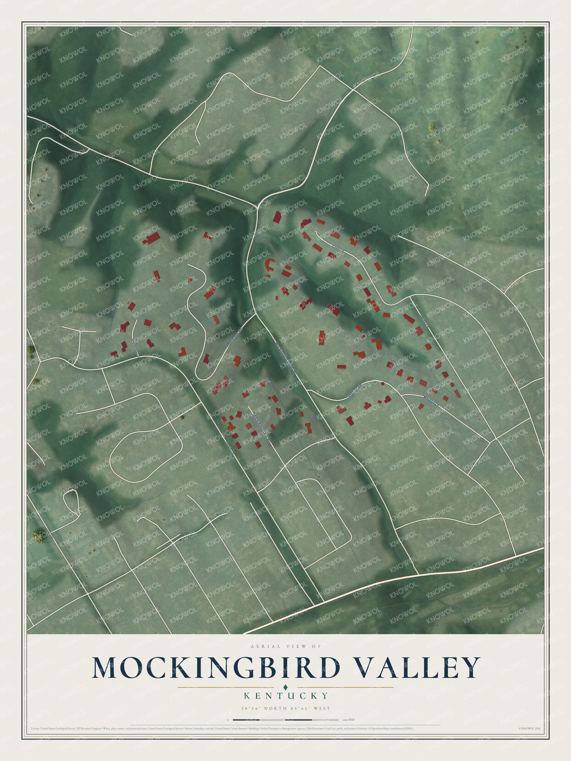 Full map of Mockingbird Valley, Kentucky, with red buildings, printed street names and the land around them