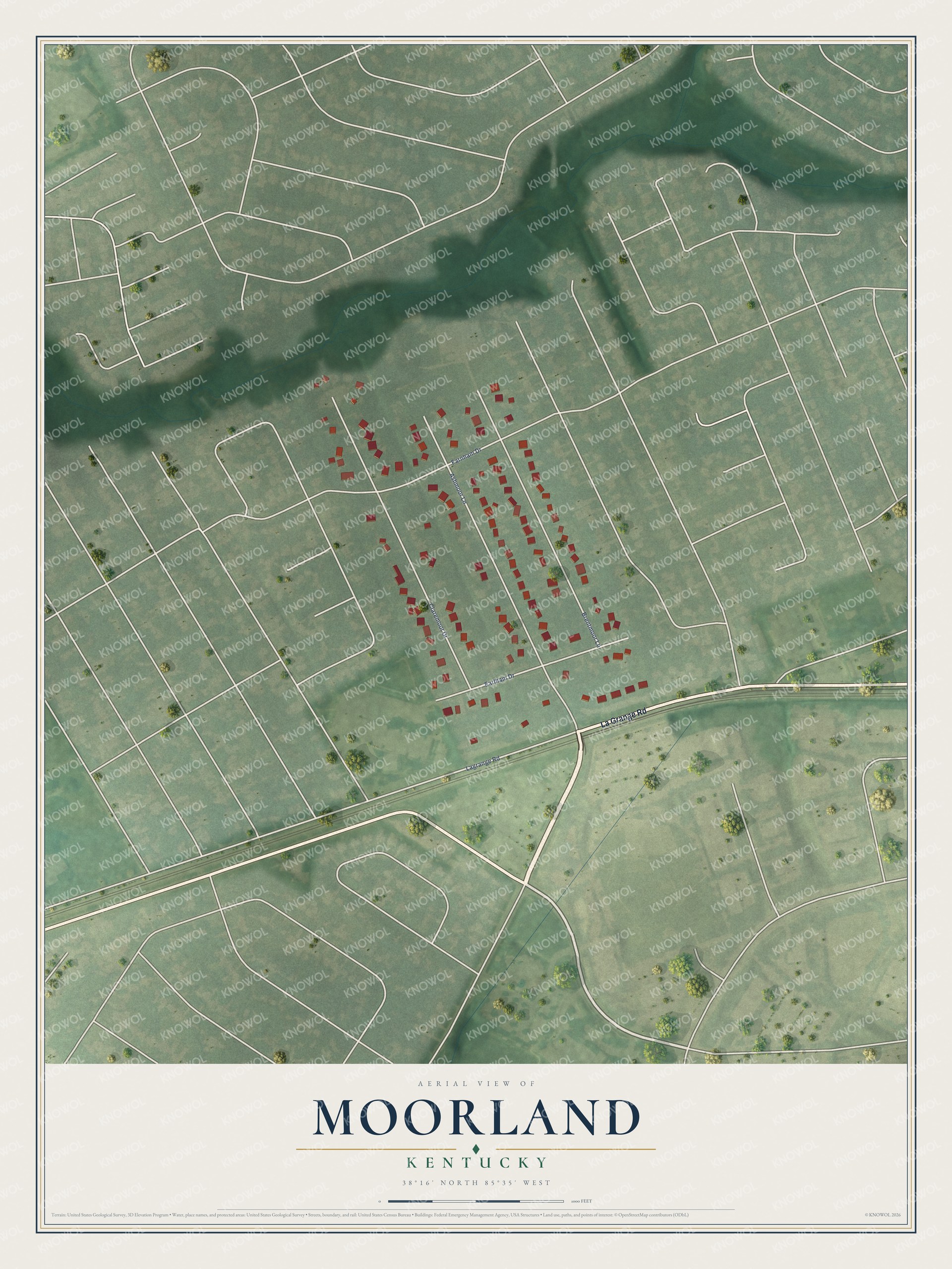 Full map of Moorland, Kentucky, with red buildings, printed street names and the land around them