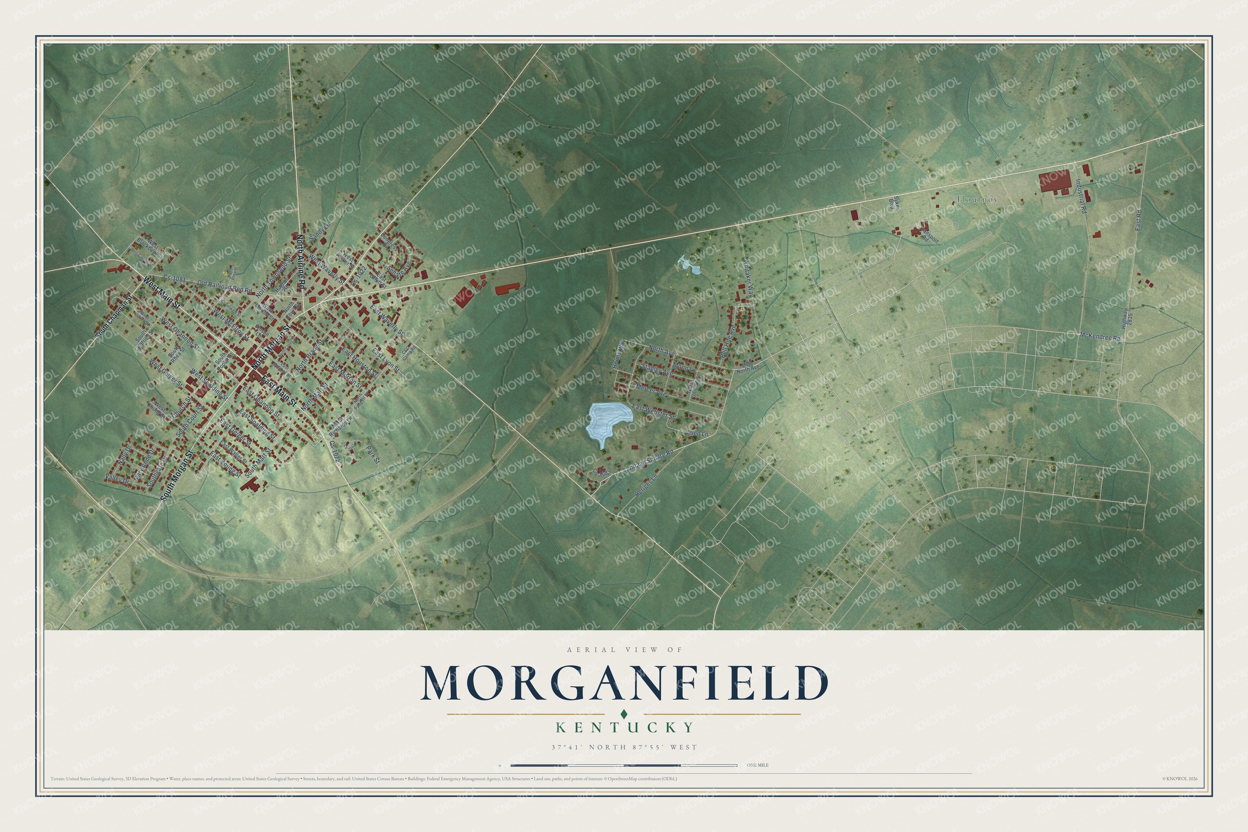 Full map of Morganfield, Kentucky, with red buildings, printed street names and the land around them