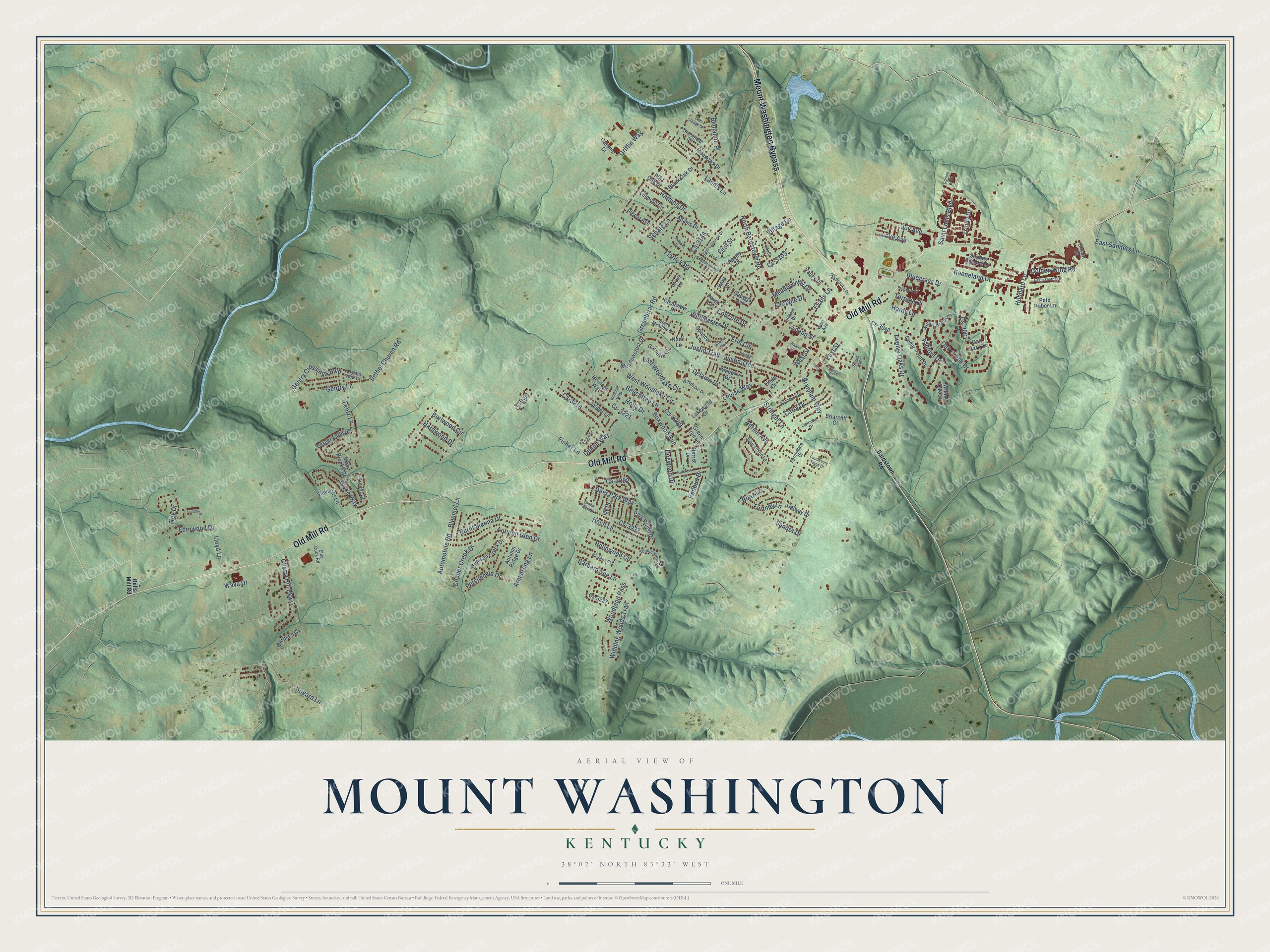 Full map of Mount Washington, Kentucky, with red buildings, printed street names and the land around them