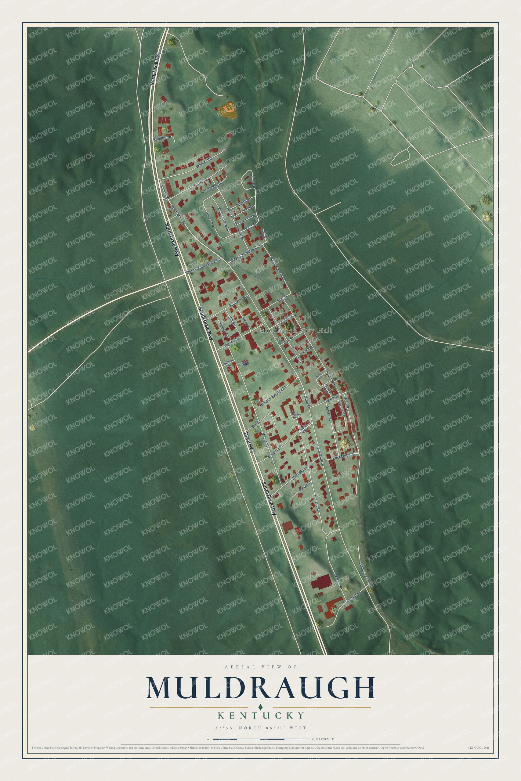Full map of Muldraugh, Kentucky, with red buildings, printed street names and the land around them