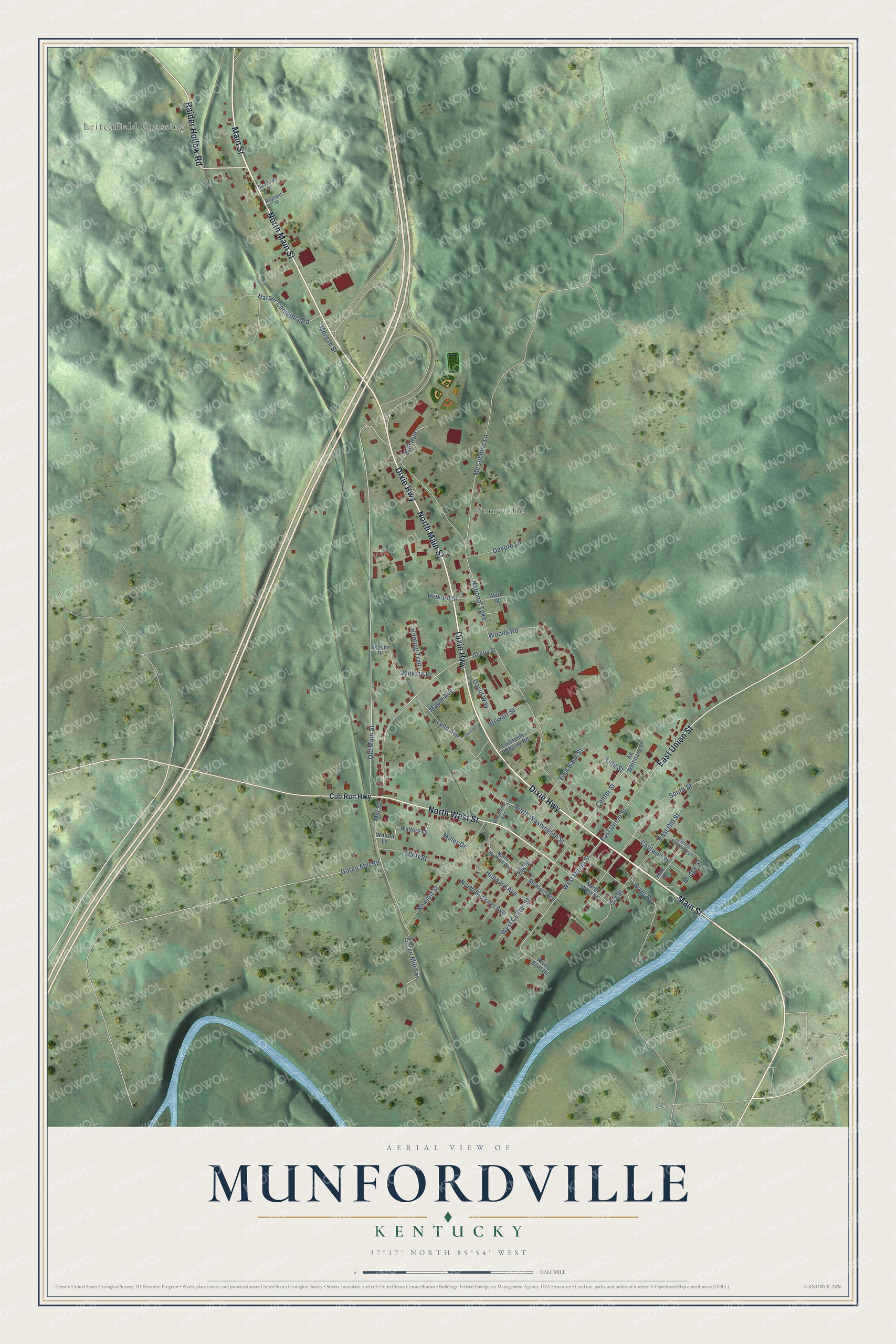 Full map of Munfordville, Kentucky, with red buildings, printed street names and the land around them