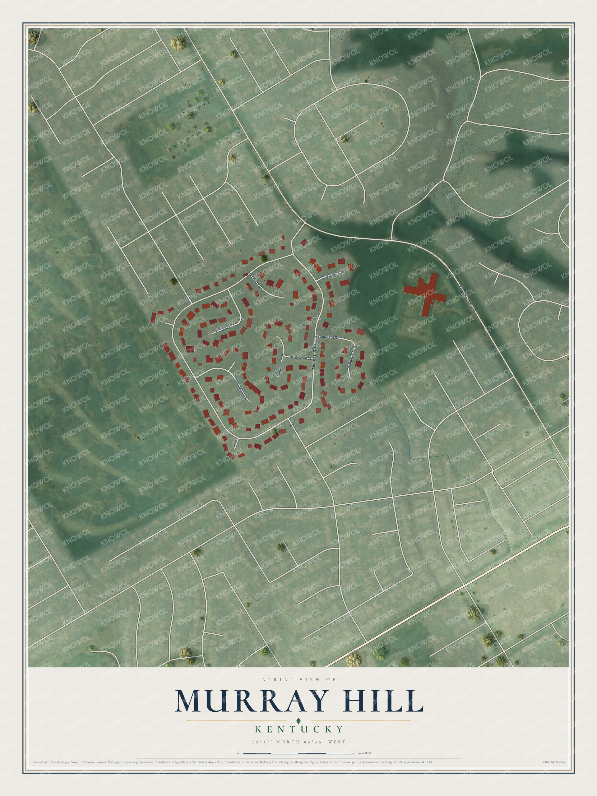 Full map of Murray Hill, Kentucky, with red buildings, printed street names and the land around them