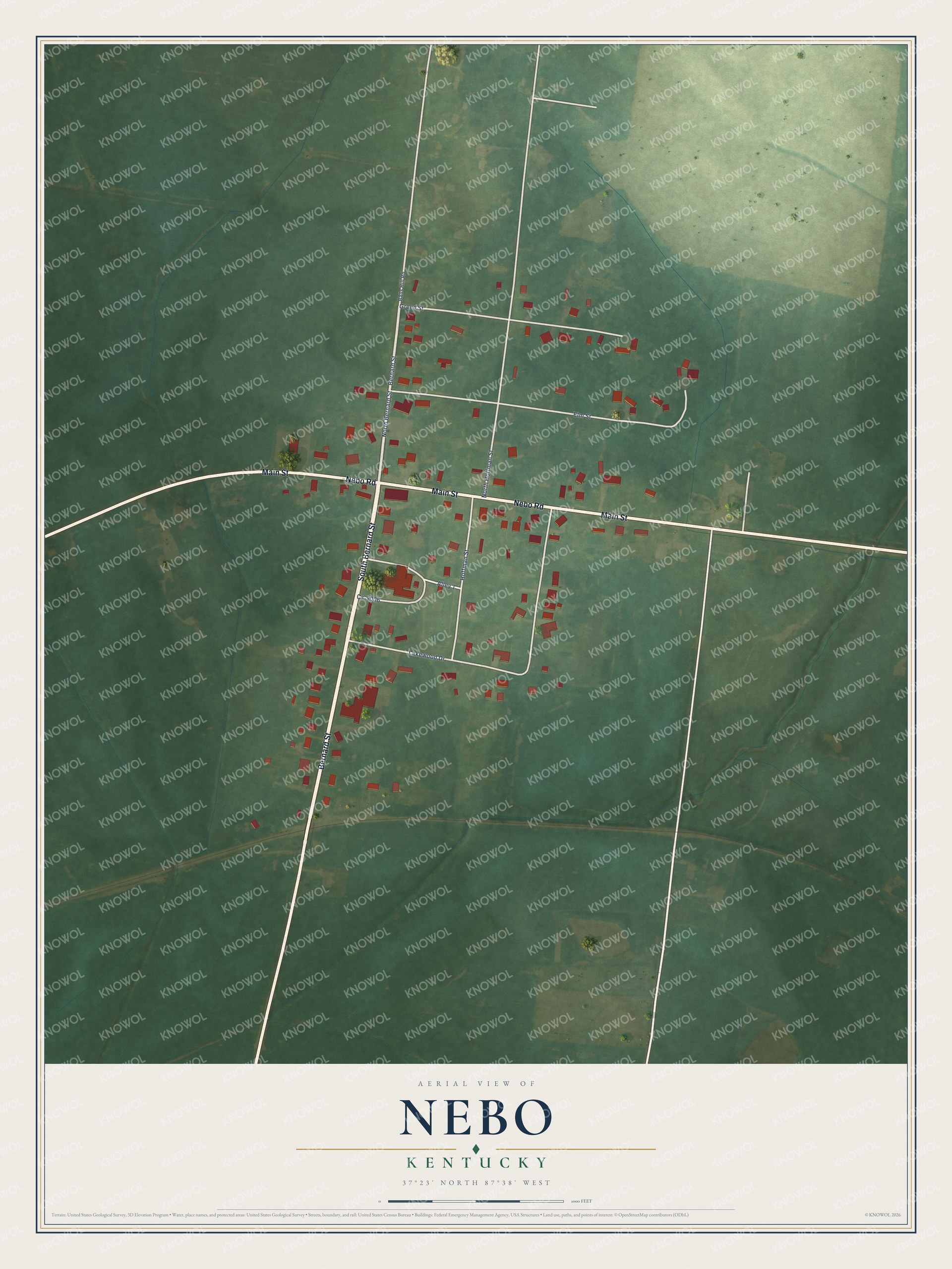 Full map of Nebo, Kentucky, with red buildings, printed street names and the land around them