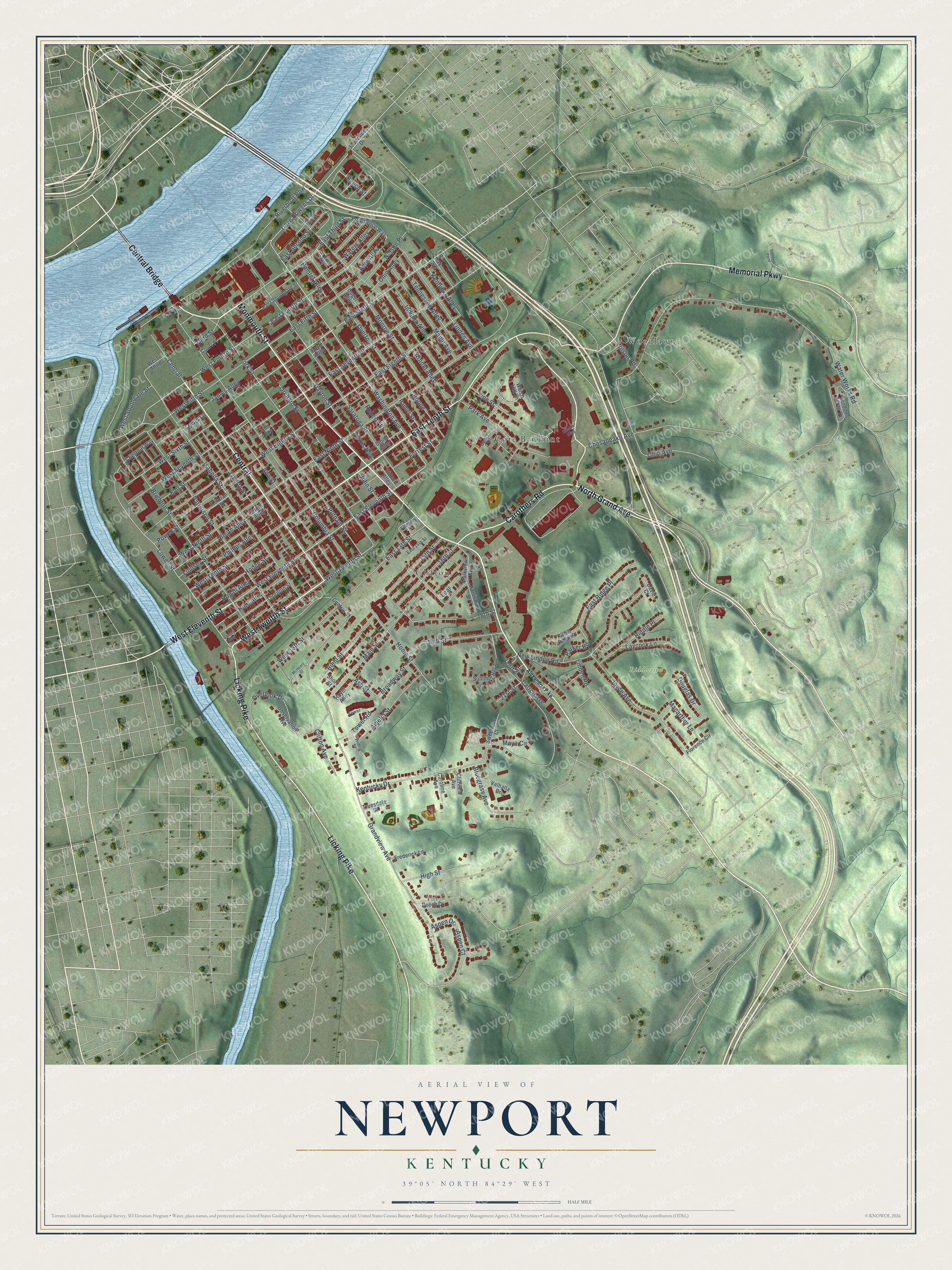 Full map of Newport, Kentucky, with red buildings, printed street names and the land around them