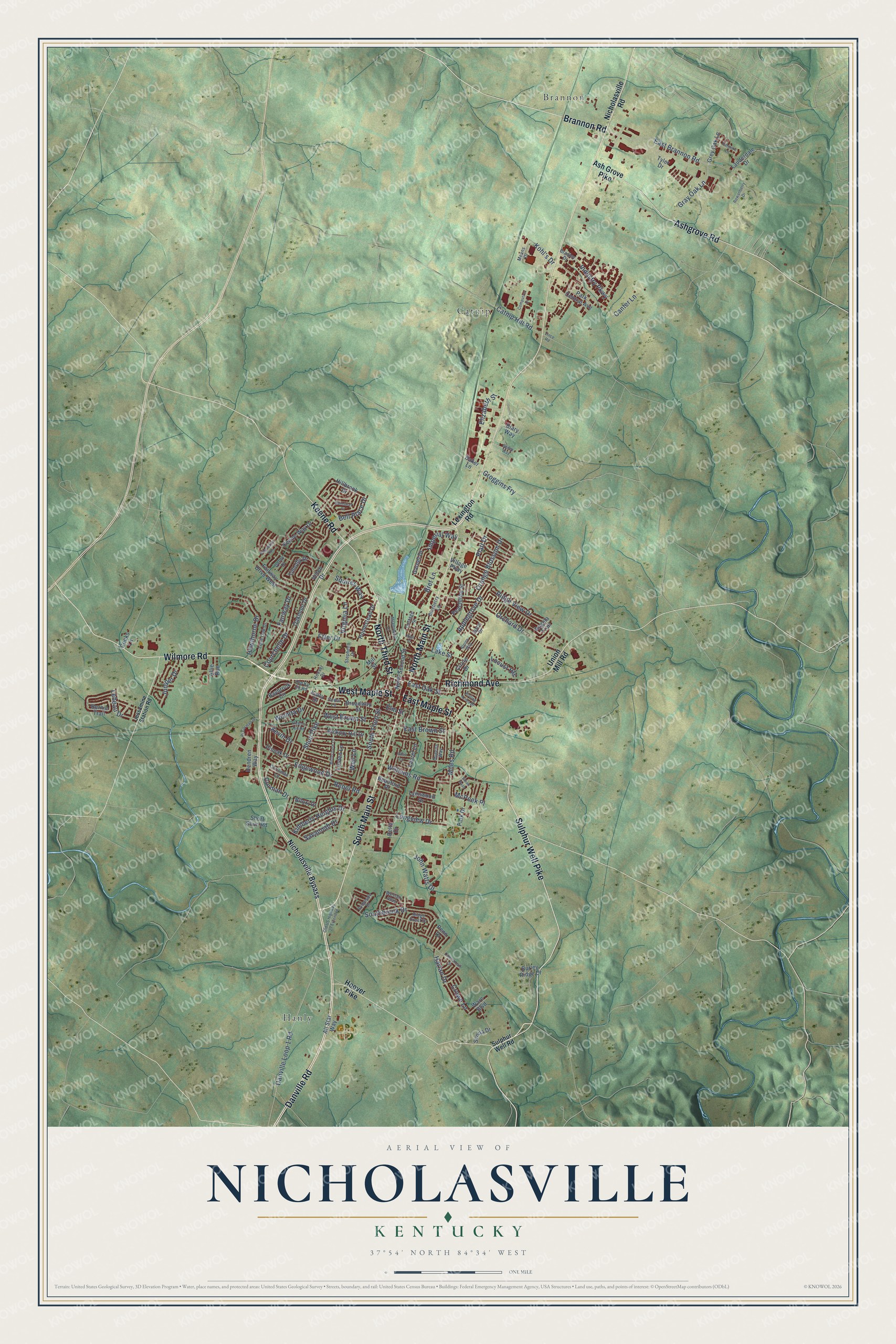 Full map of Nicholasville, Kentucky, with red buildings, printed street names and the land around them