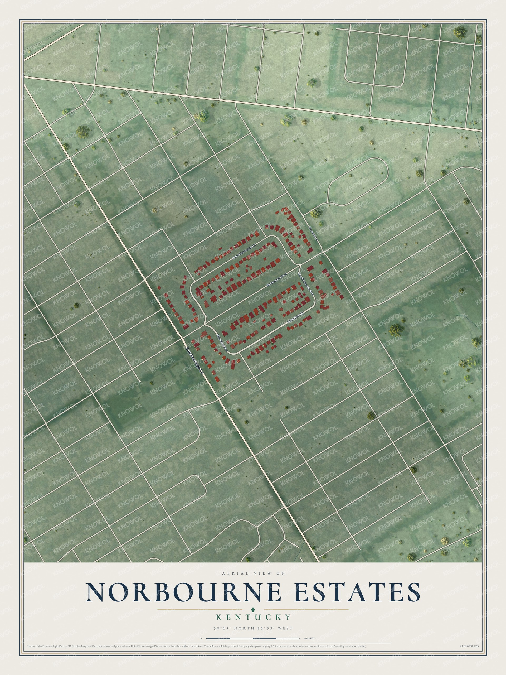 Full map of Norbourne Estates, Kentucky, with red buildings, printed street names and the land around them