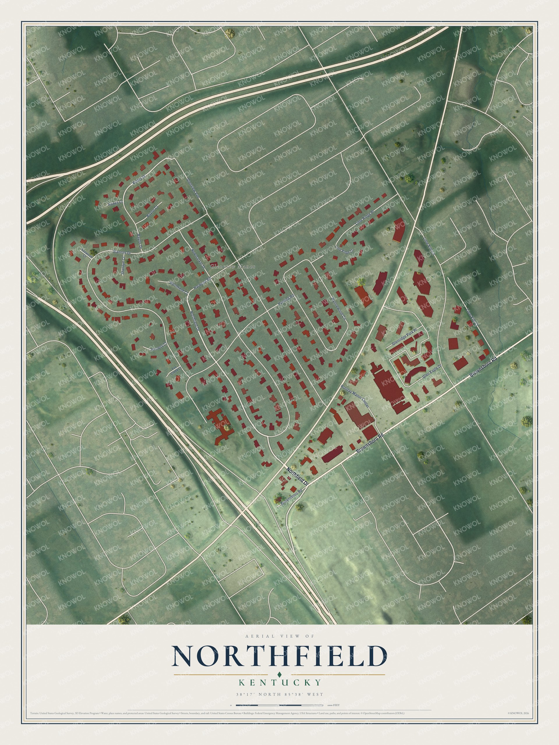 Full map of Northfield, Kentucky, with red buildings, printed street names and the land around them