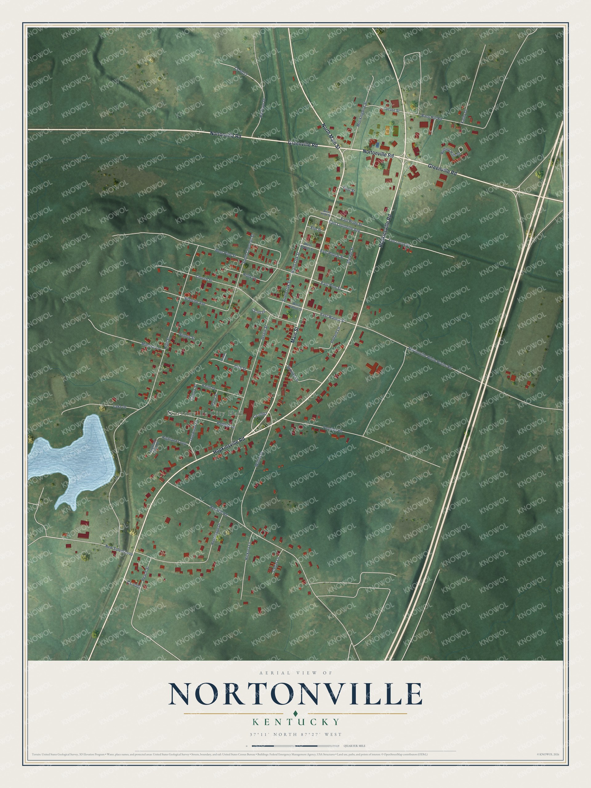 Full map of Nortonville, Kentucky, with red buildings, printed street names and the land around them