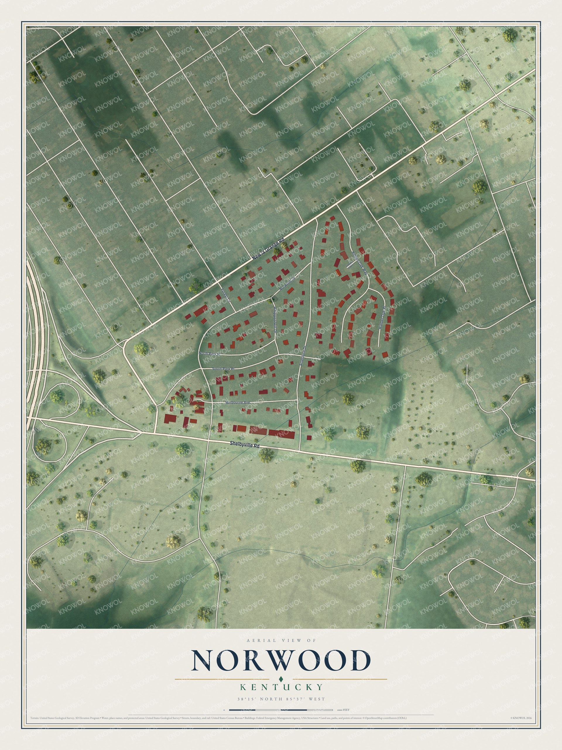 Full map of Norwood, Kentucky, with red buildings, printed street names and the land around them