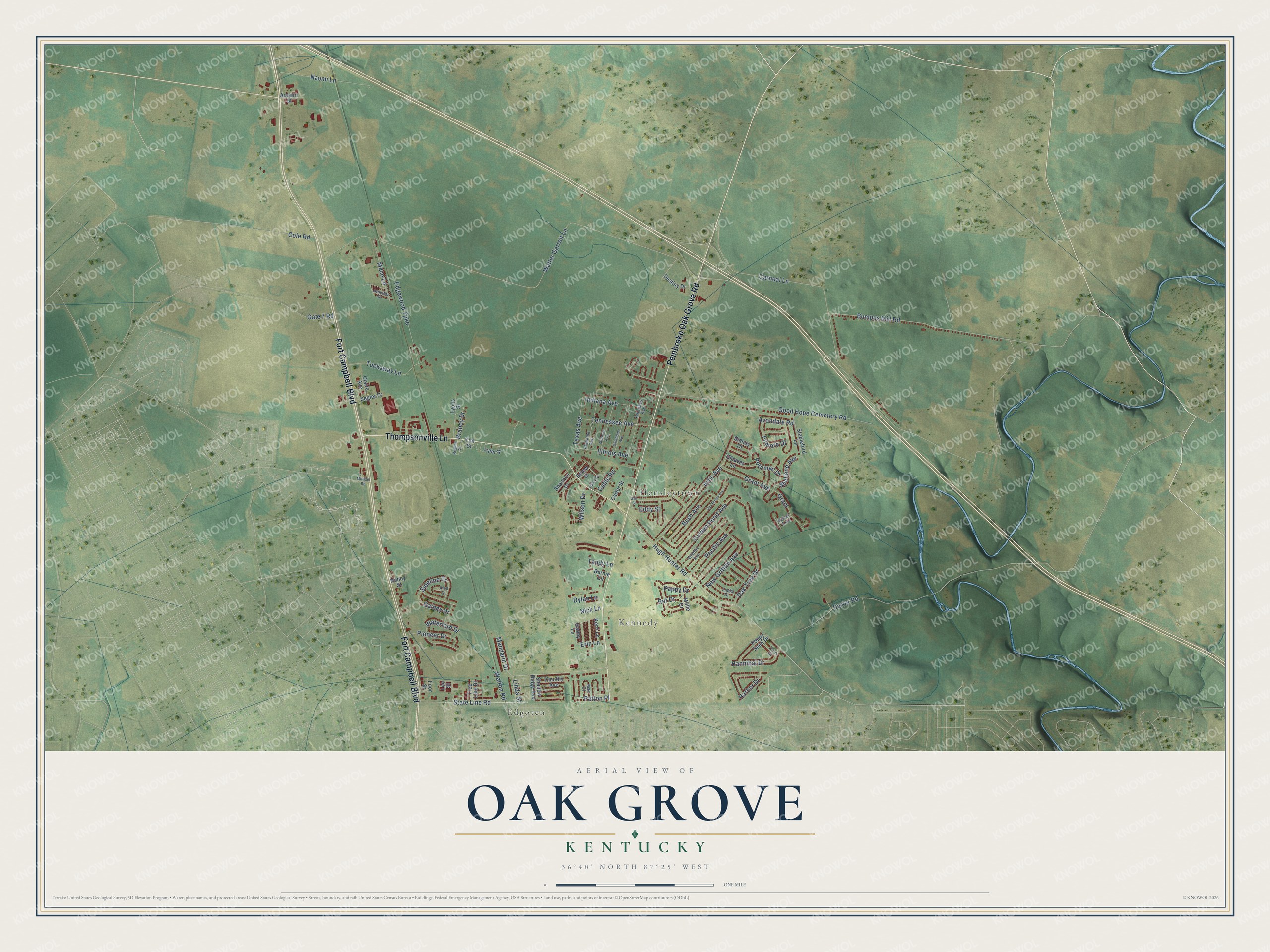 Full map of Oak Grove, Kentucky, with red buildings, printed street names and the land around them