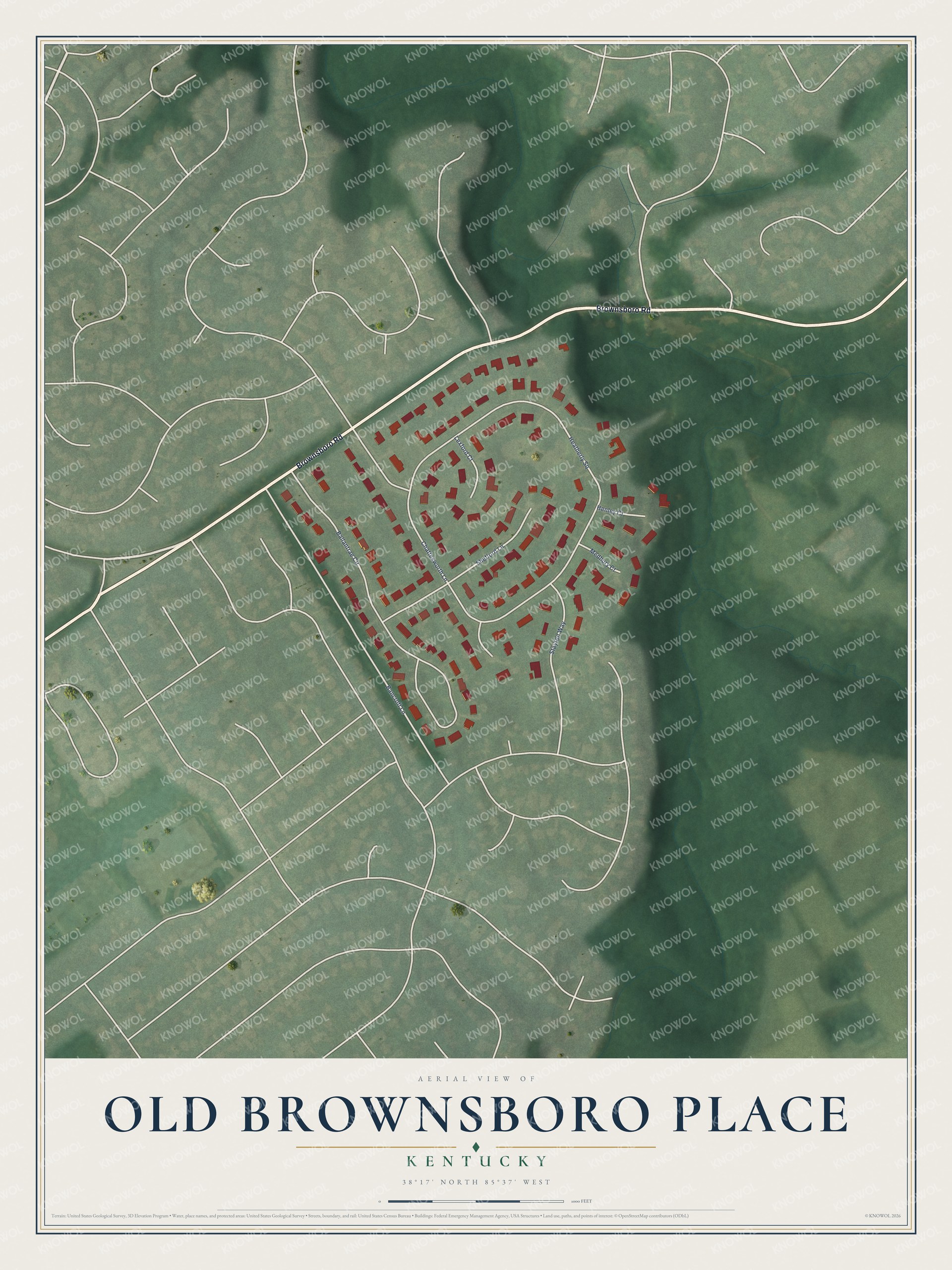 Full map of Old Brownsboro Place, Kentucky, with red buildings, printed street names and the land around them