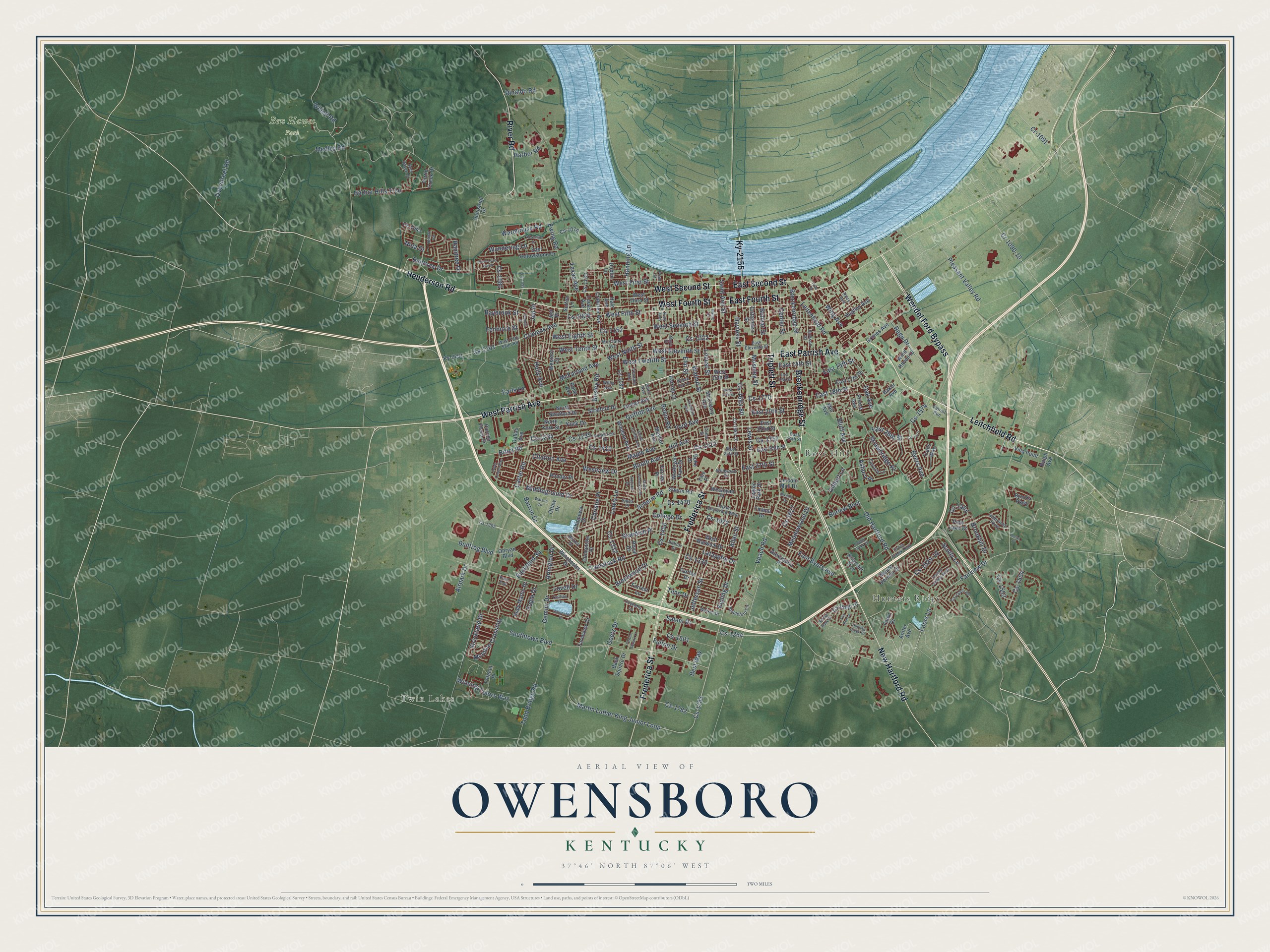 Full map of Owensboro, Kentucky, with red buildings, printed street names and the land around them