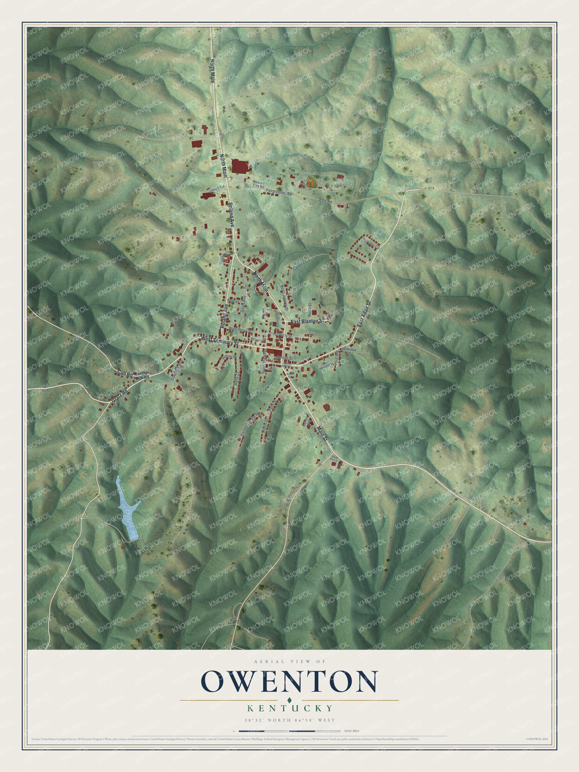 Full map of Owenton, Kentucky, with red buildings, printed street names and the land around them