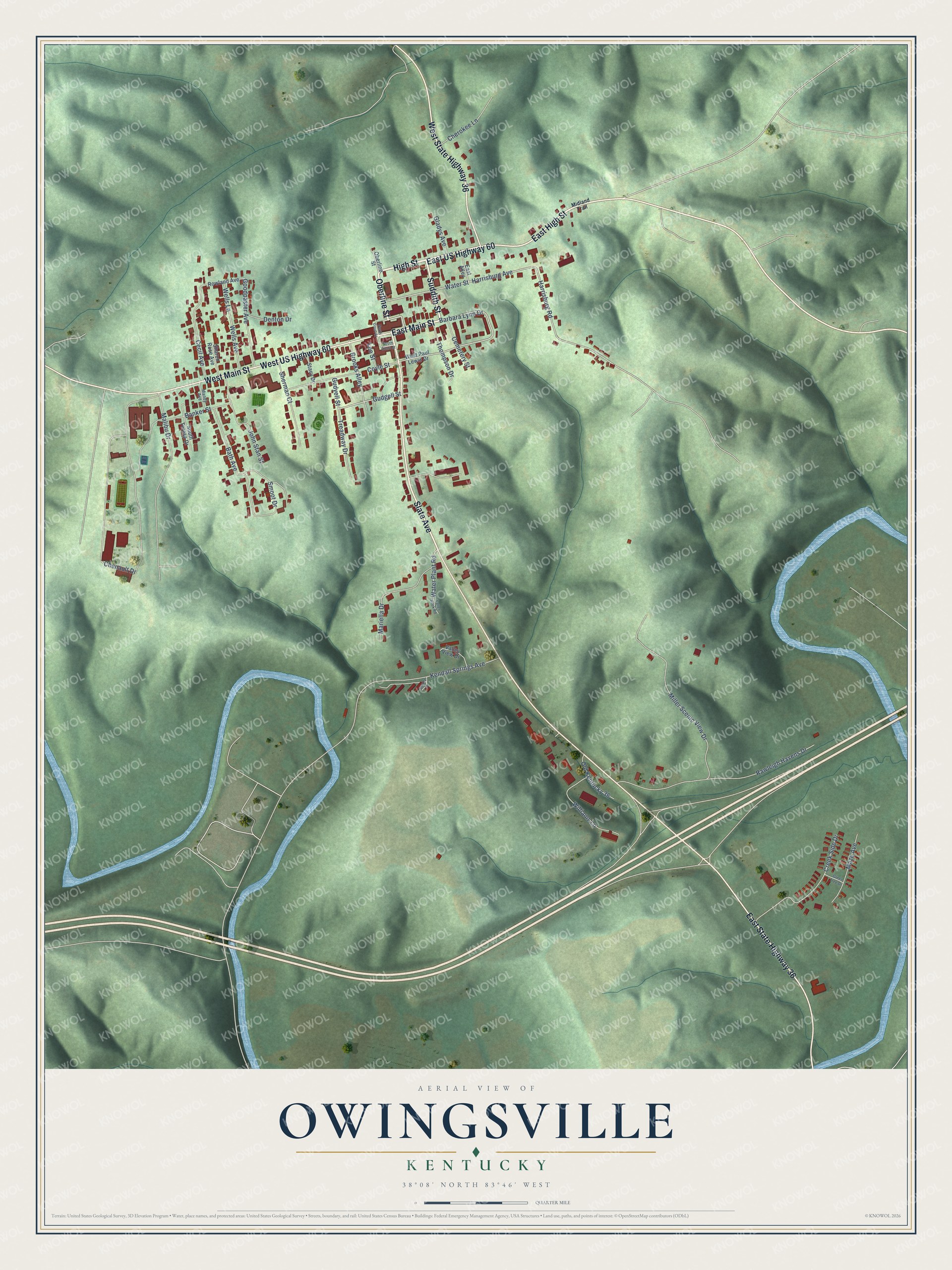 Full map of Owingsville, Kentucky, with red buildings, printed street names and the land around them