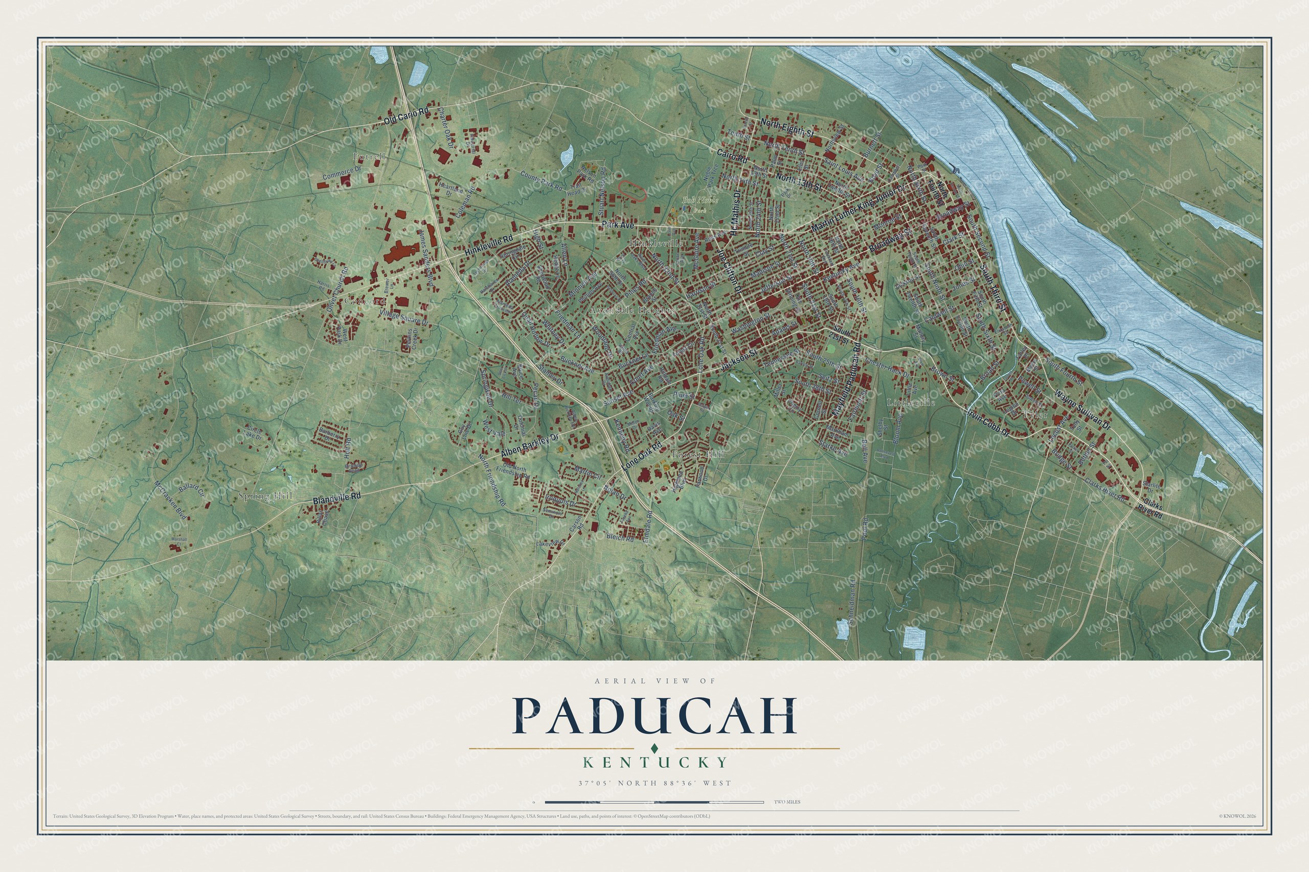 Full map of Paducah, Kentucky, with red buildings, printed street names and the land around them