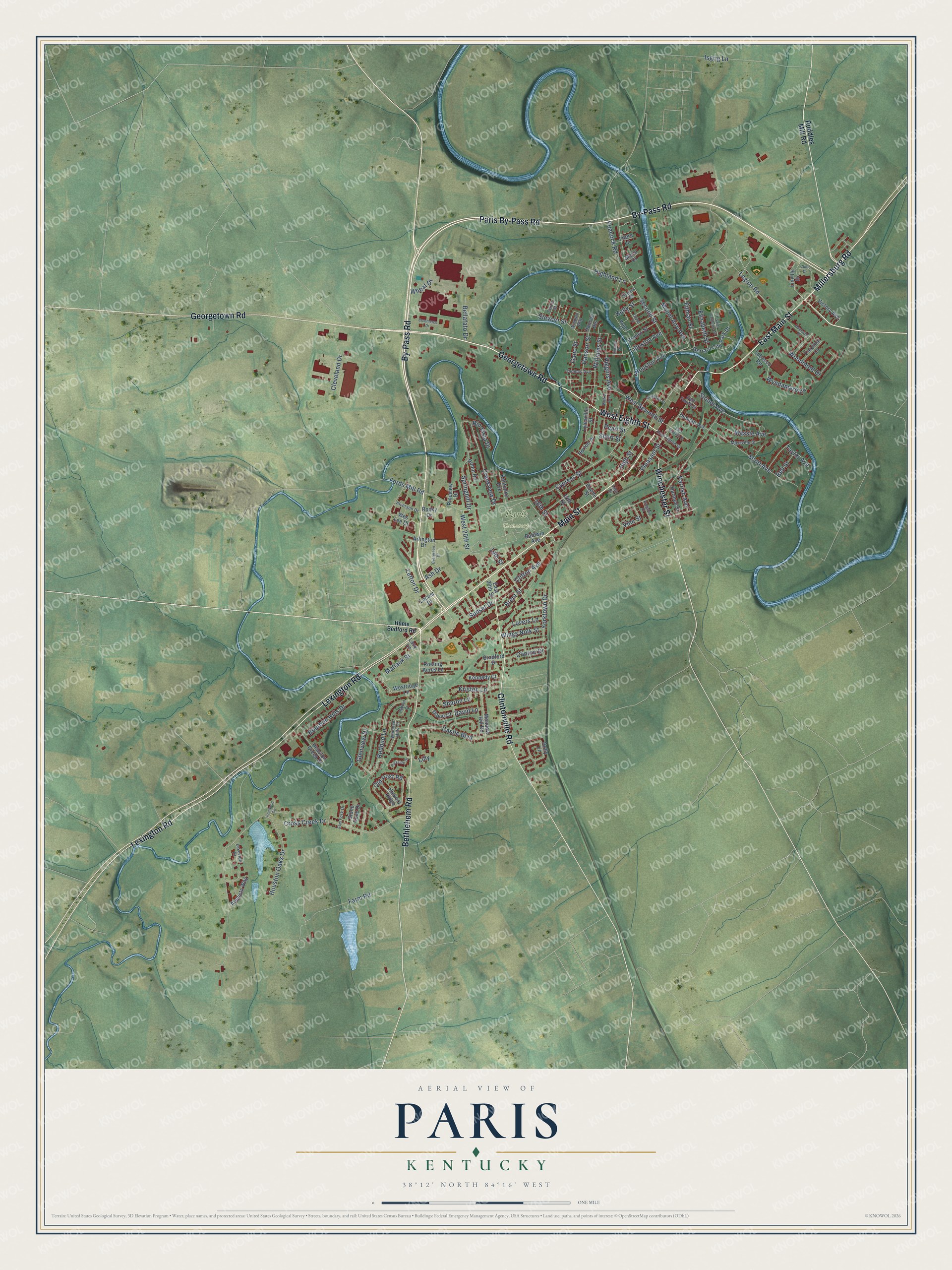 Full map of Paris, Kentucky, with red buildings, printed street names and the land around them