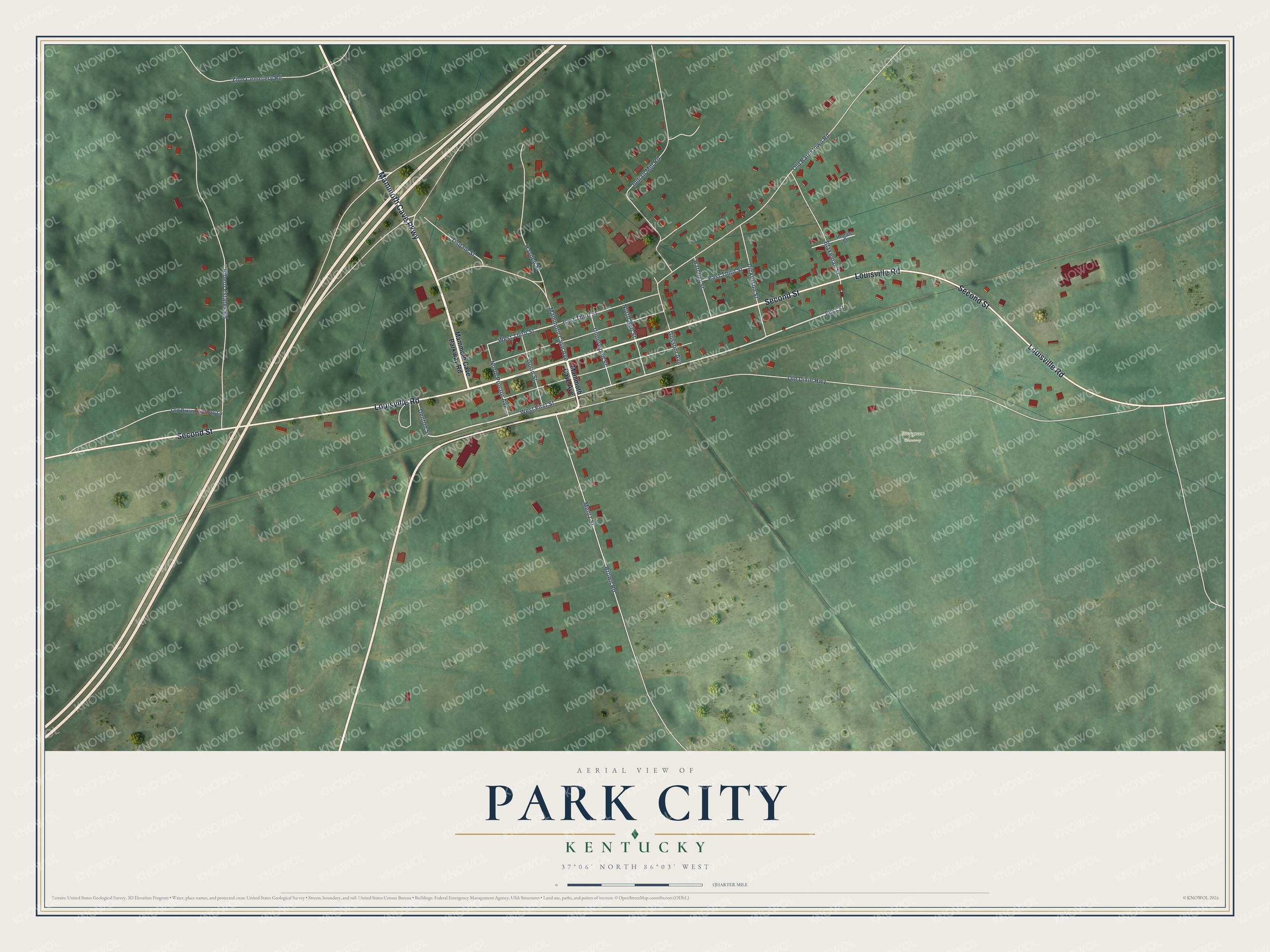 Full map of Park City, Kentucky, with red buildings, printed street names and the land around them