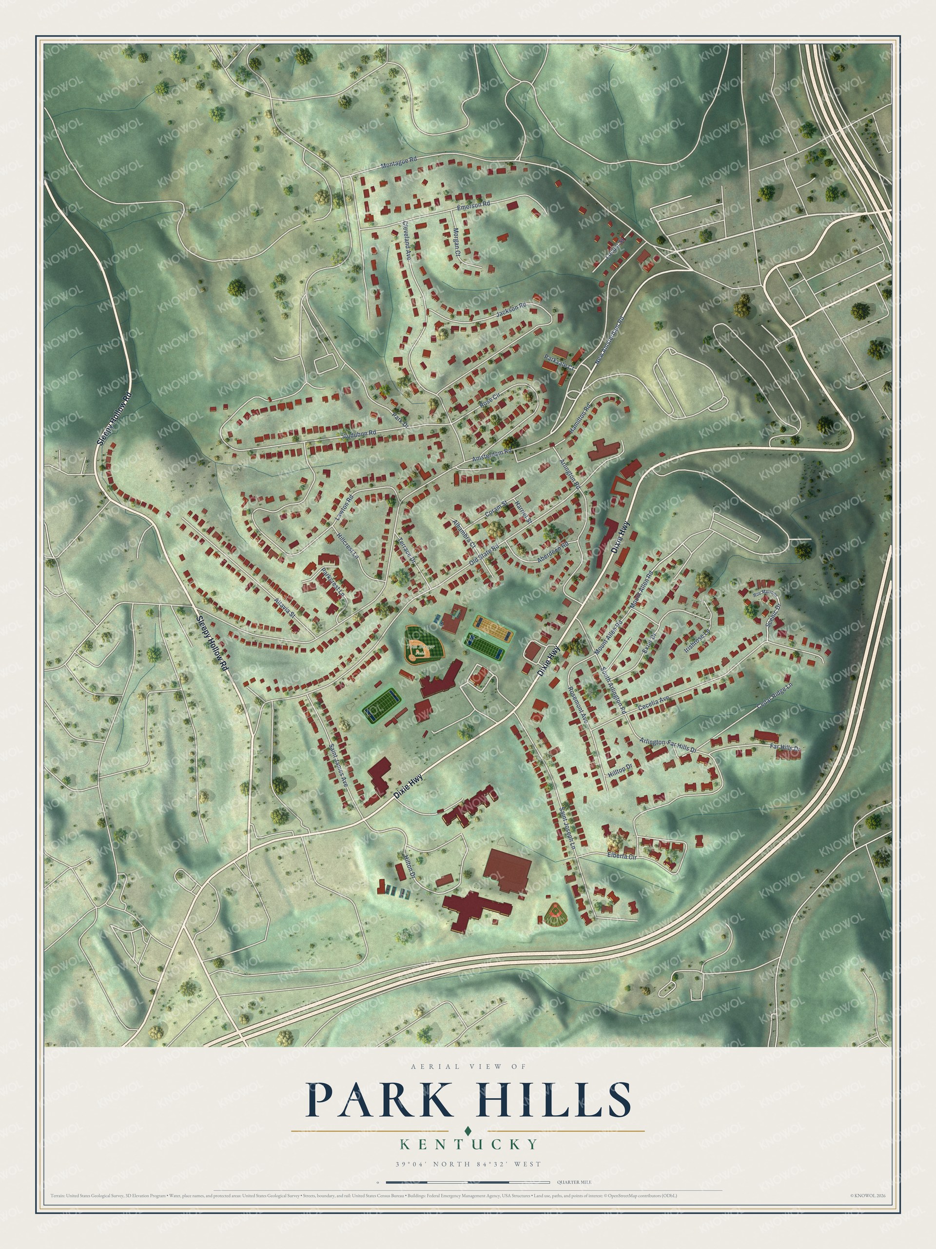 Full map of Park Hills, Kentucky, with red buildings, printed street names and the land around them